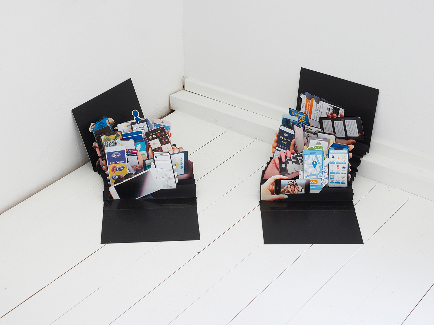 Sara MacKillop, Phonebook 1 and 2, 2022, cardboard, tape, digital print on cardboard, open: 26,5 x 50 x 20,5 cm each