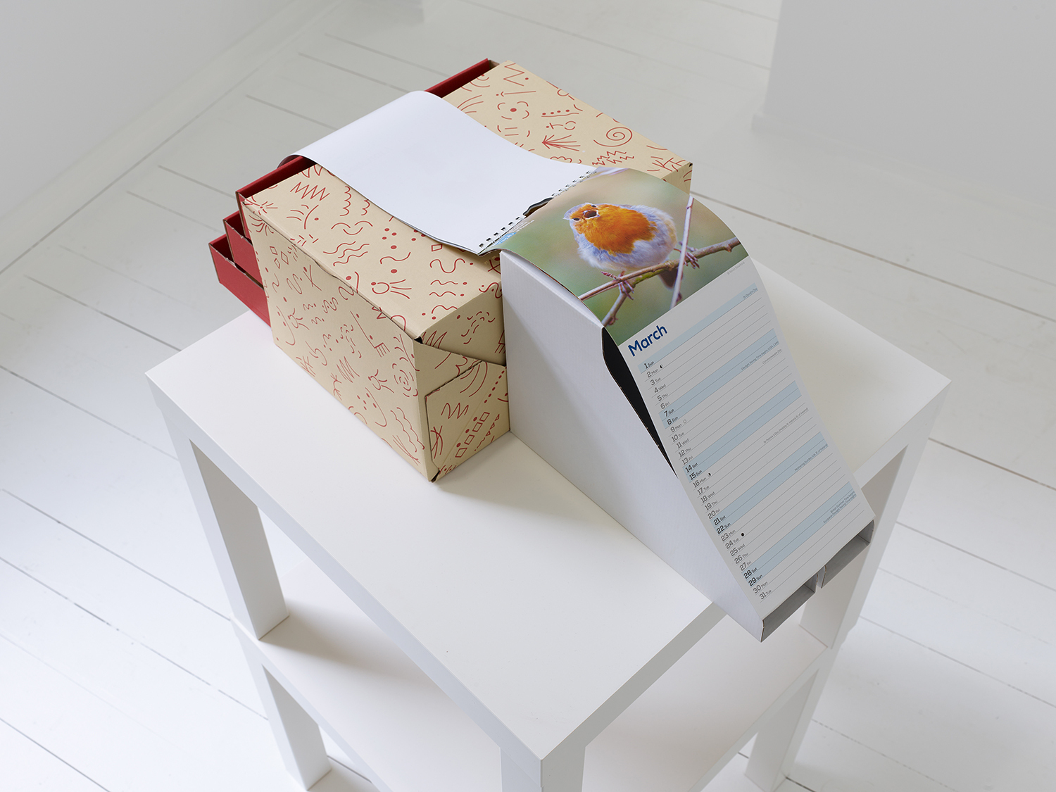 Sara MacKillop, Calendar House 3, 2021, found calendars and magazine files, 68 x 31 x 25 cm