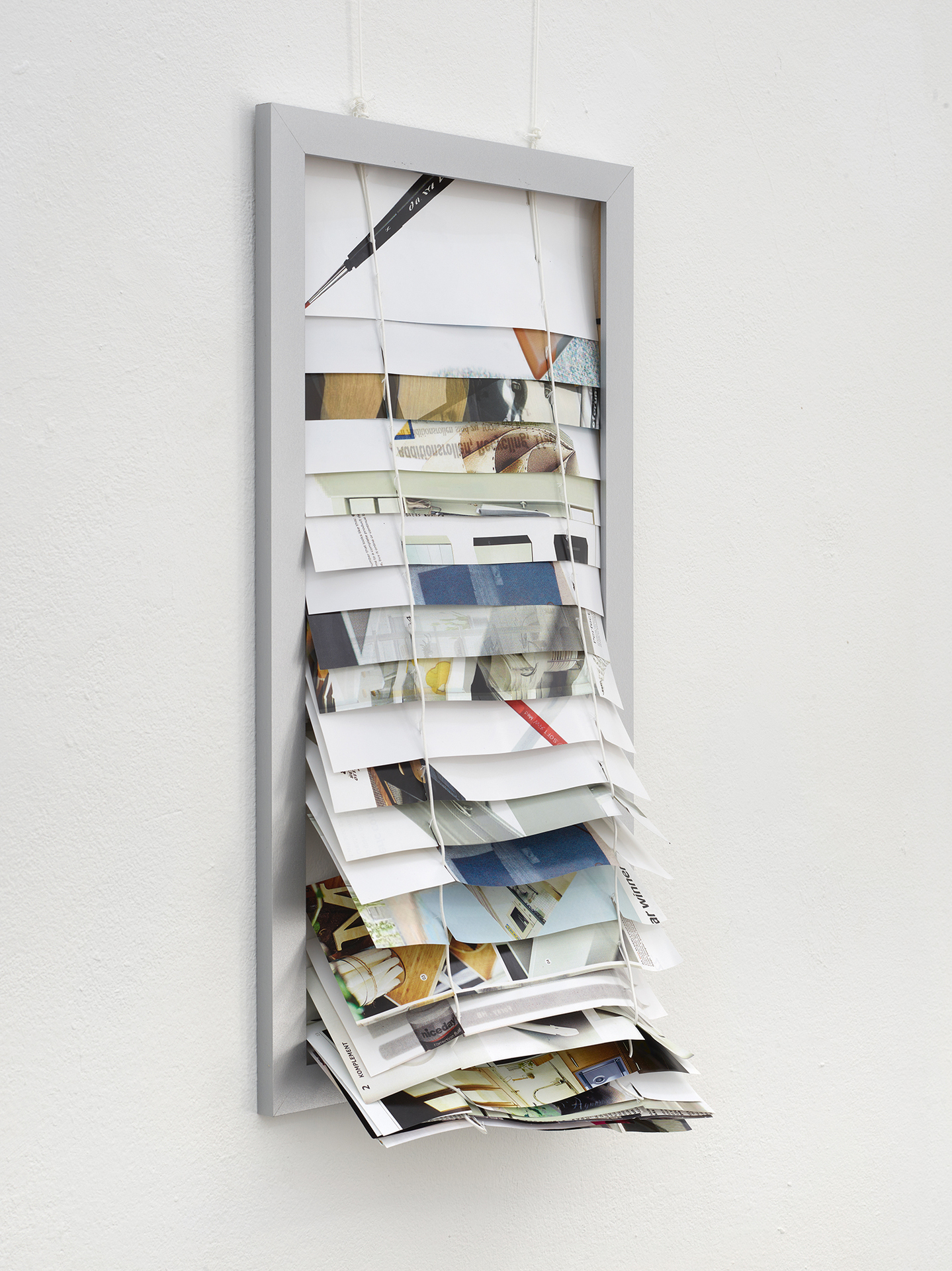 Sara MacKillop, Bookblind 1, 2021, printed paper, wooden frame, string, 64 x 34 x 12 cm