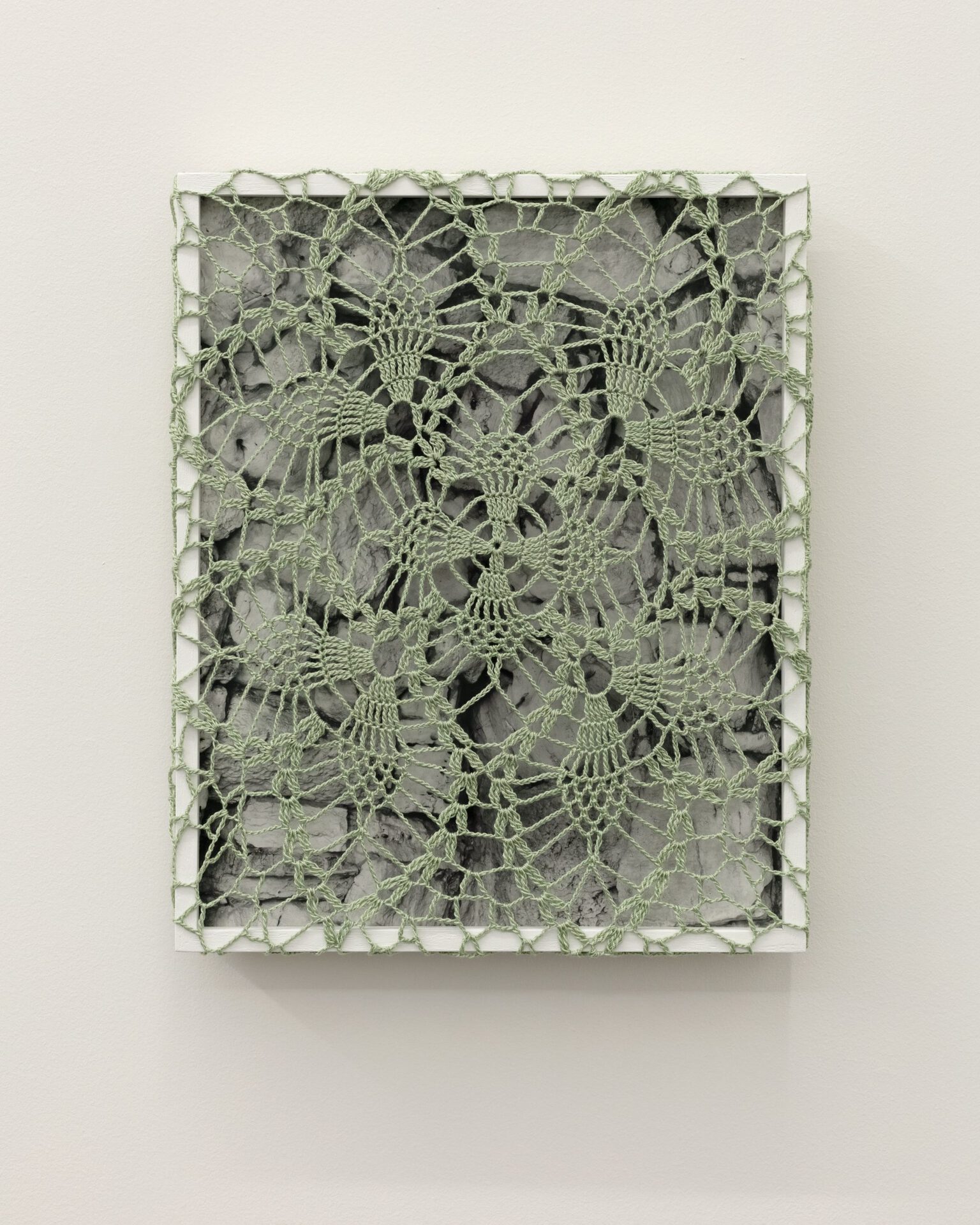 Anna Orłowska, Lourdes Grotto Interior, 2022, Gelatine silver print, mounted on dibond, ivory wooden frame, museum glass, cotton crochet, unique, 37 x 30 cm