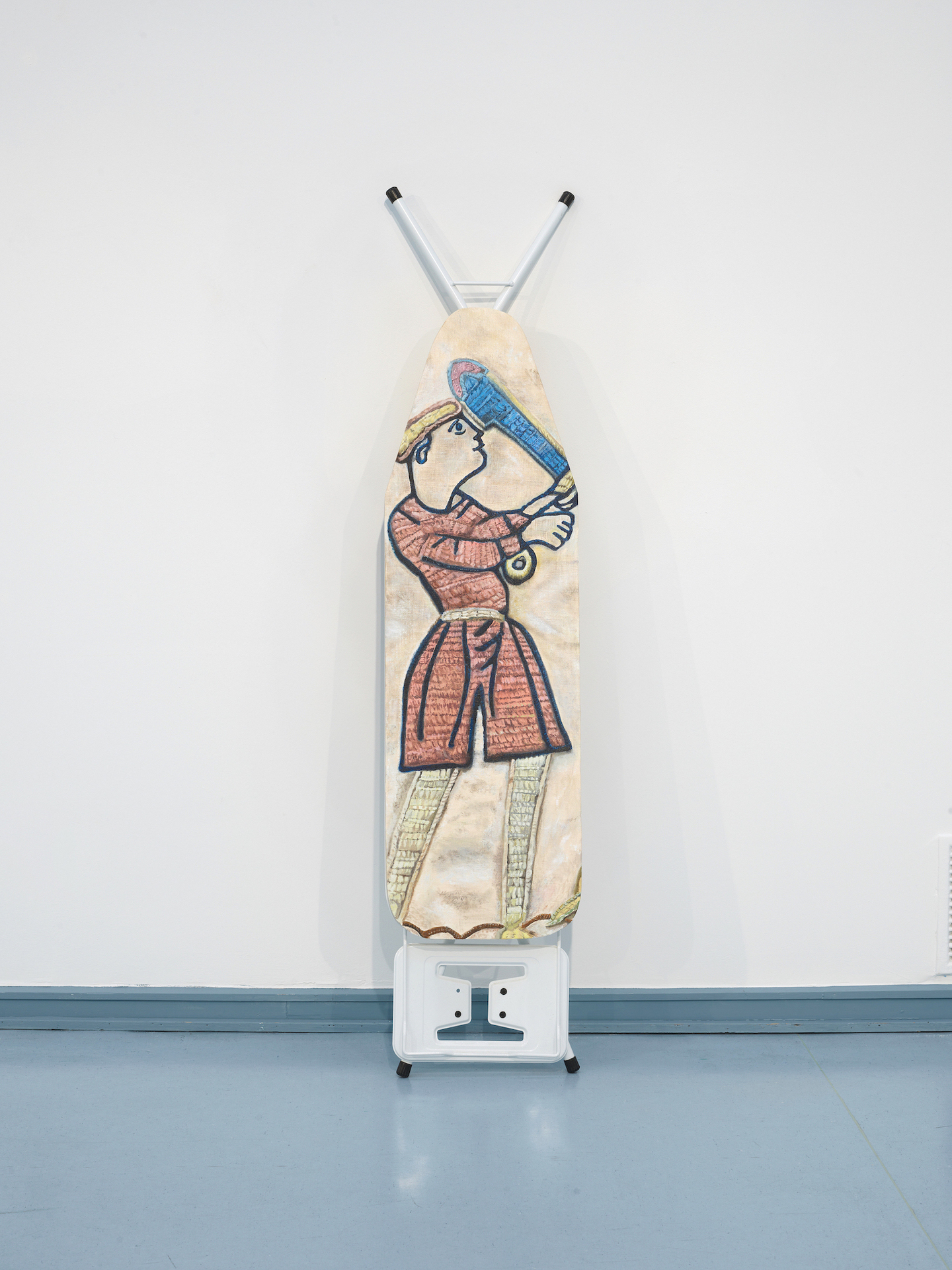 Tête-, Oil and oil chalk on canvas, wood, ironing board, 158x32cm, 2022