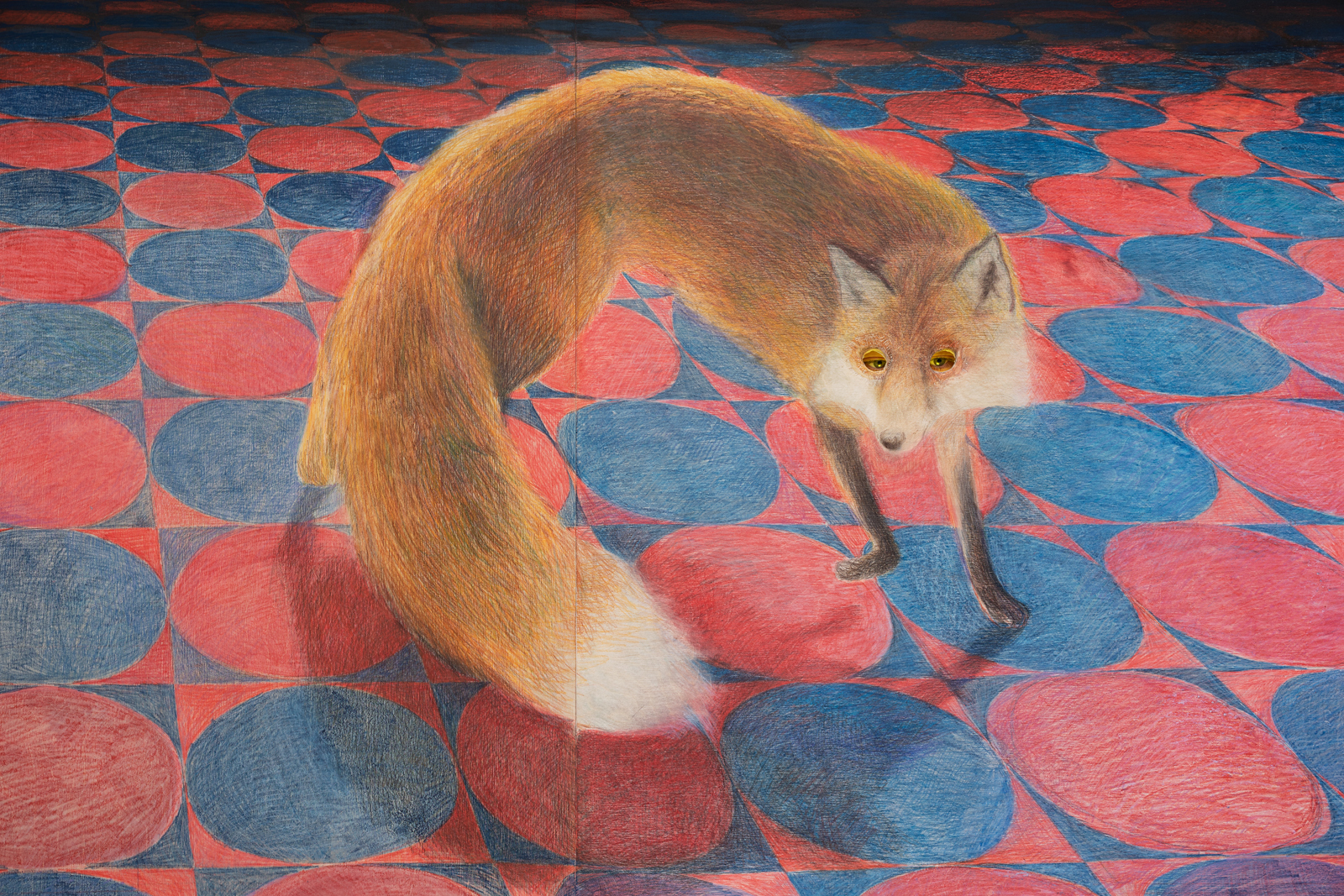 Valerio Nicolai, Sole con le code, 2022 Crayons and acrylics on wood panels, performer, 450 x 300 x 110 cm Courtesy: Clima, Milan Detail 3