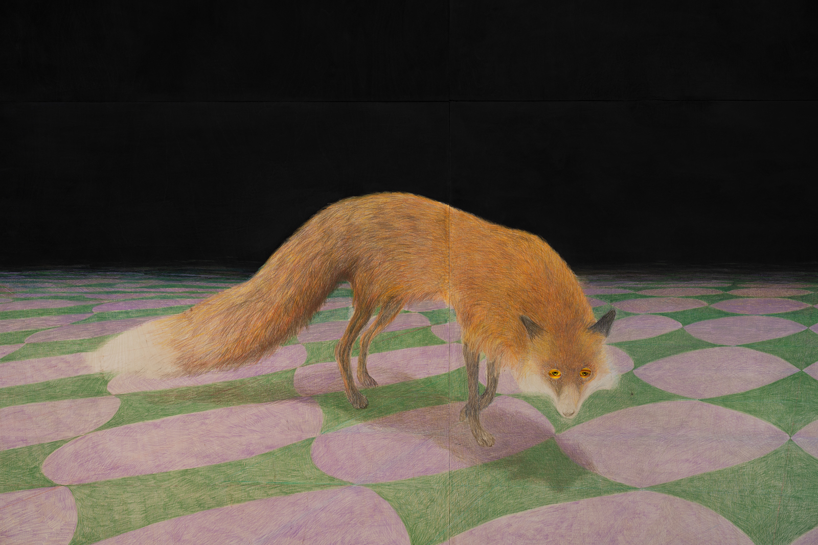 Valerio Nicolai, Sole con le code, 2022 Crayons and acrylics on wood panels, performer, 395 x 300 x 110 cm Courtesy: Clima, Milan Detail