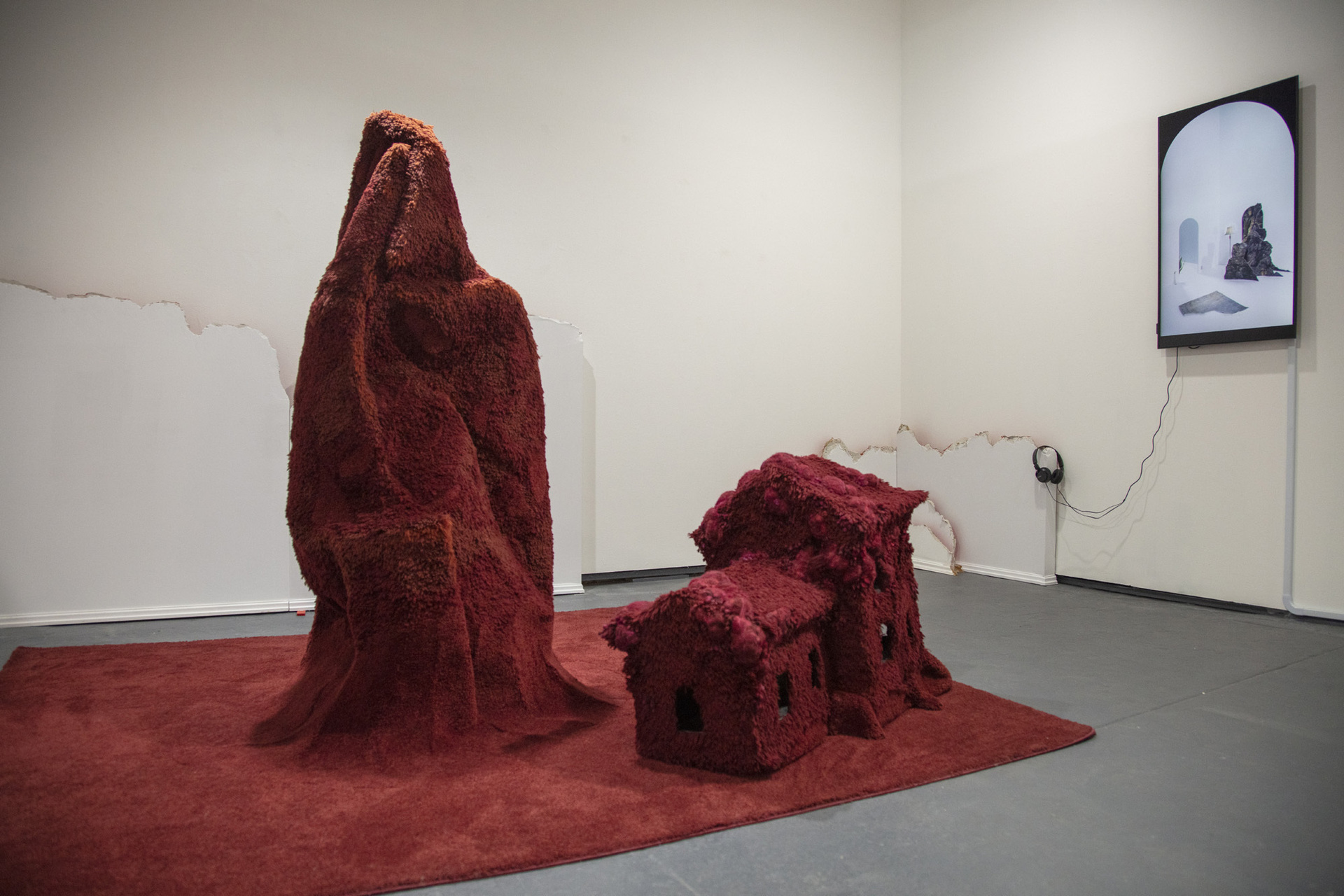 Kate Stone, Dust Bunnies and Mineral Patience, 2020, Carpet, wool, wire, wood, 6'6" x 8'2" x 5'3"