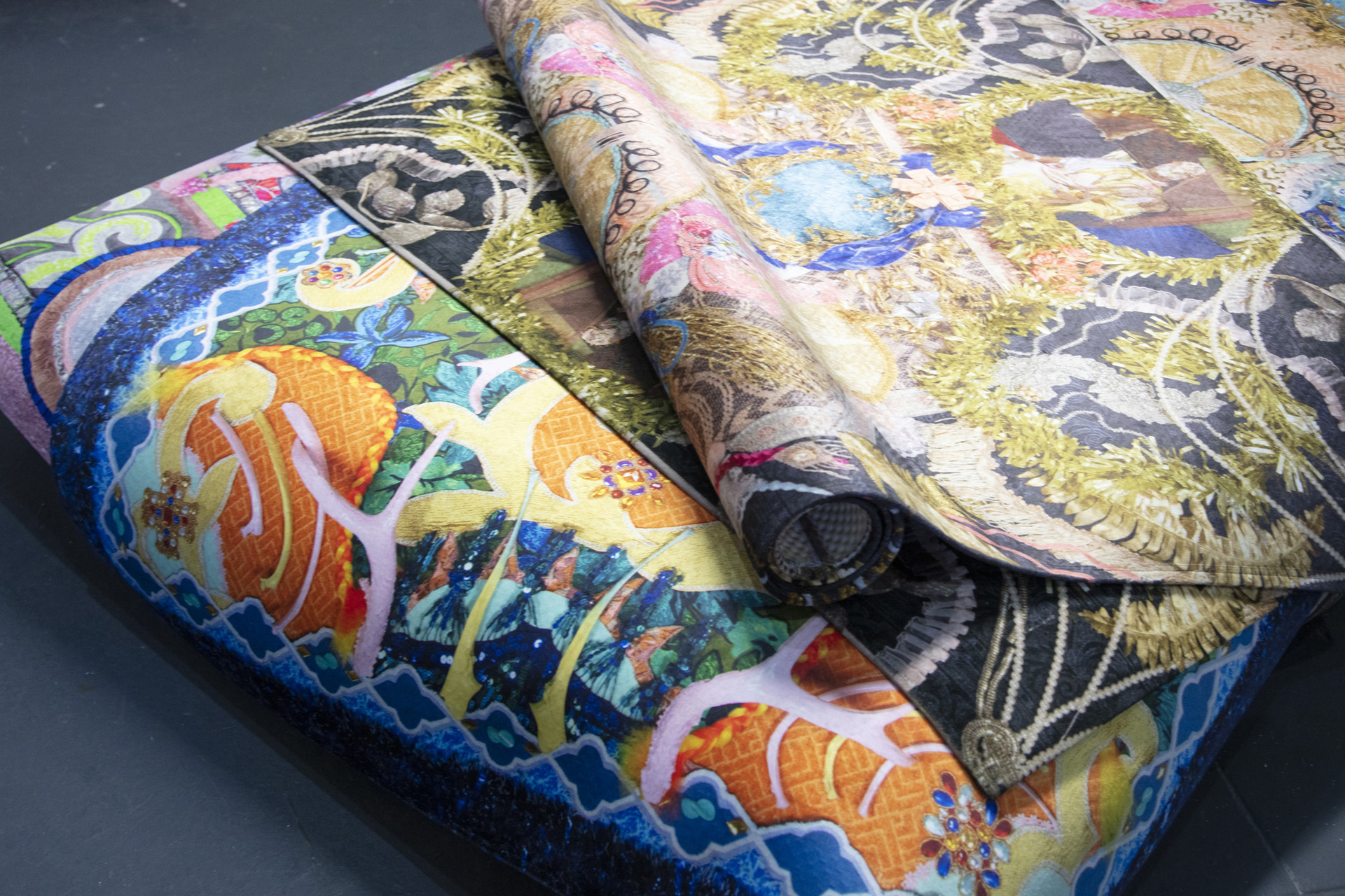 Kat Ryals, site-specific installation, 2022, custom prints on velvet rugs, 50 x 78"