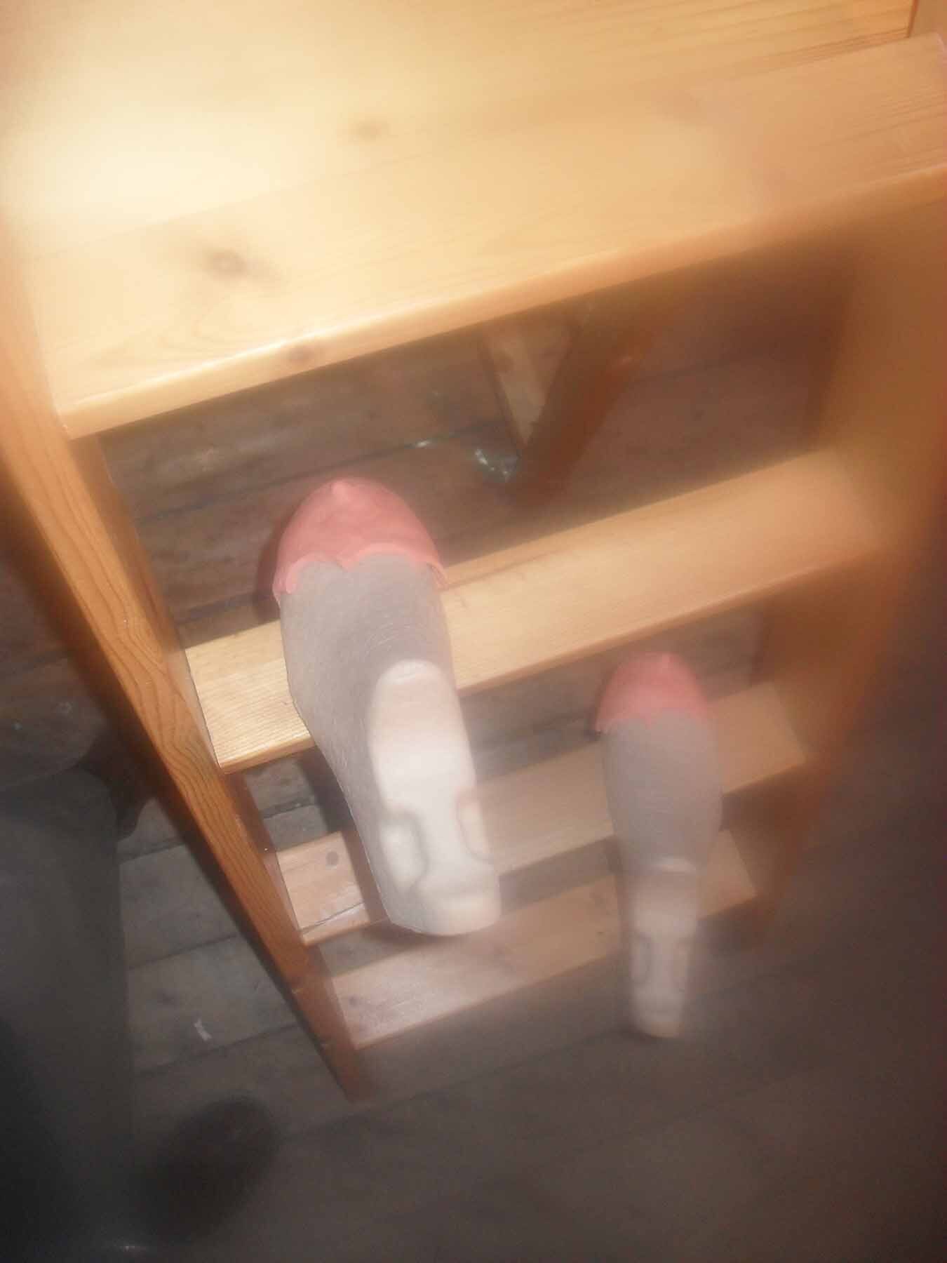 Чудесные ножки, 2022, cardboard shoe lasts, clay, 27 × 9 × 11 cm