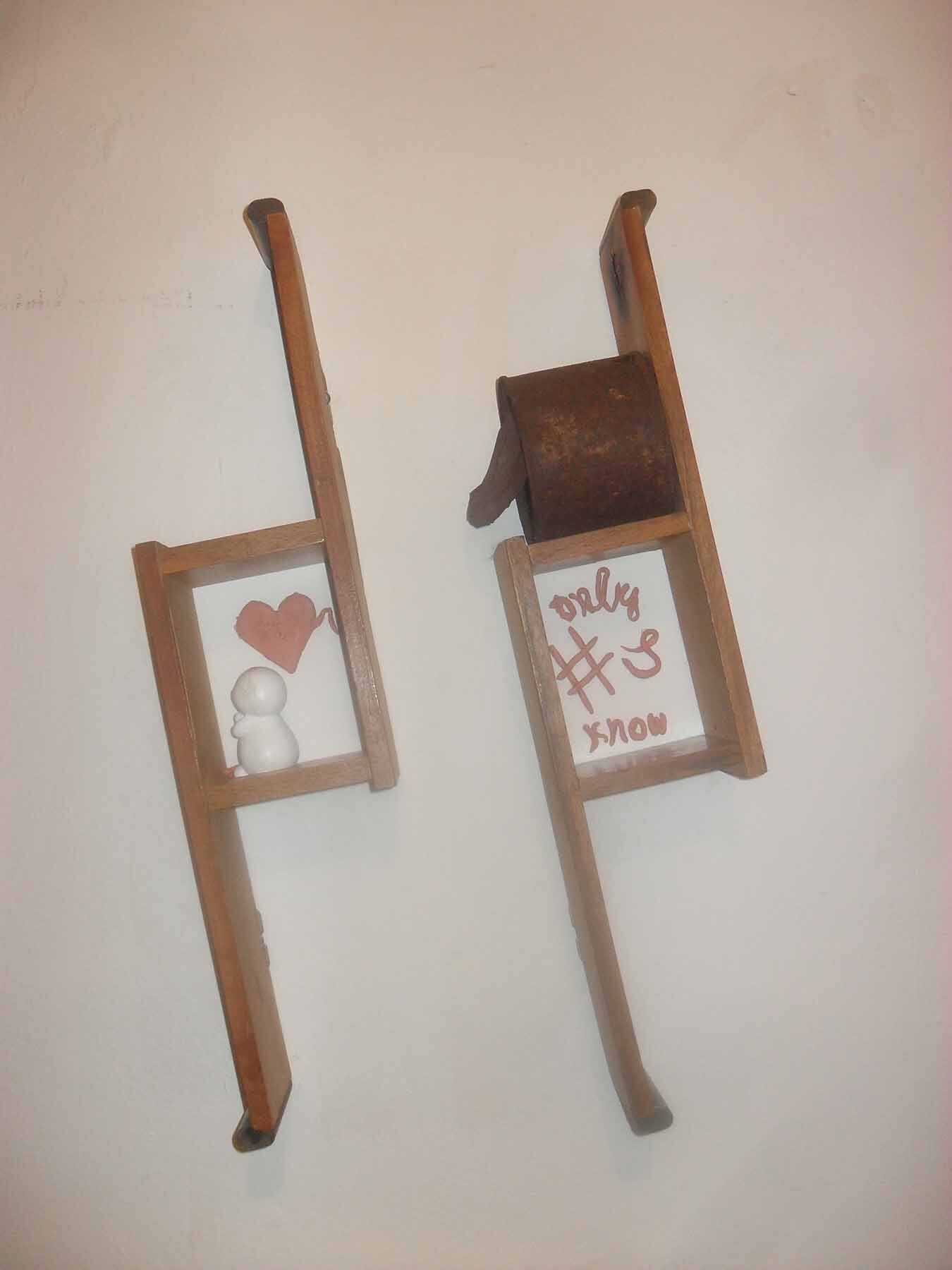 Only Numbers Know How Much, 2022, rusty tin can, ceramic figurine, wood, clay, 11,8 × 53 × 9,2 cm