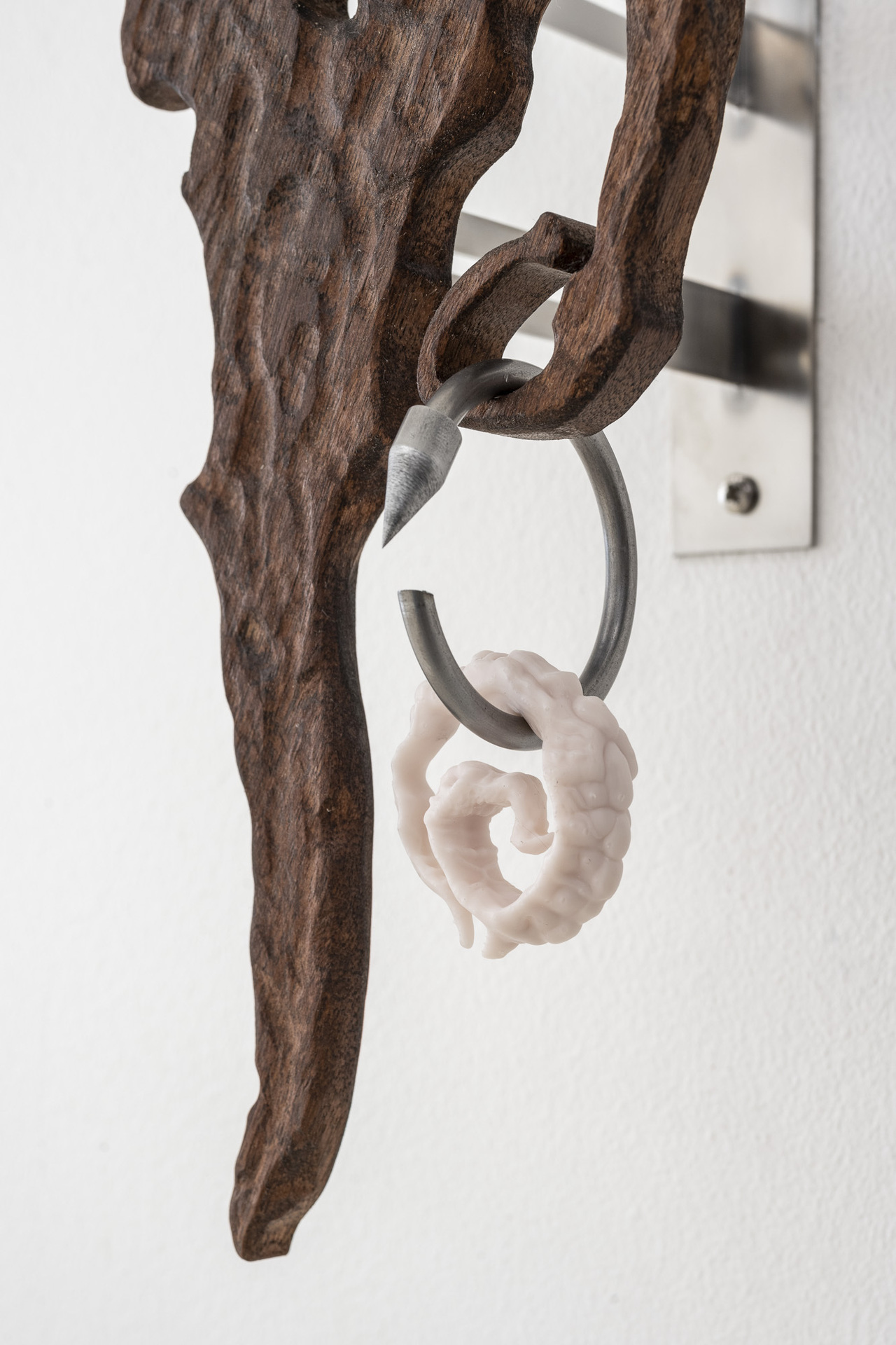 nside Job, “Pierced Branch I-III”, 2022, mahogany wood, stainless steel, photopolymetric resin, , variable dimensions