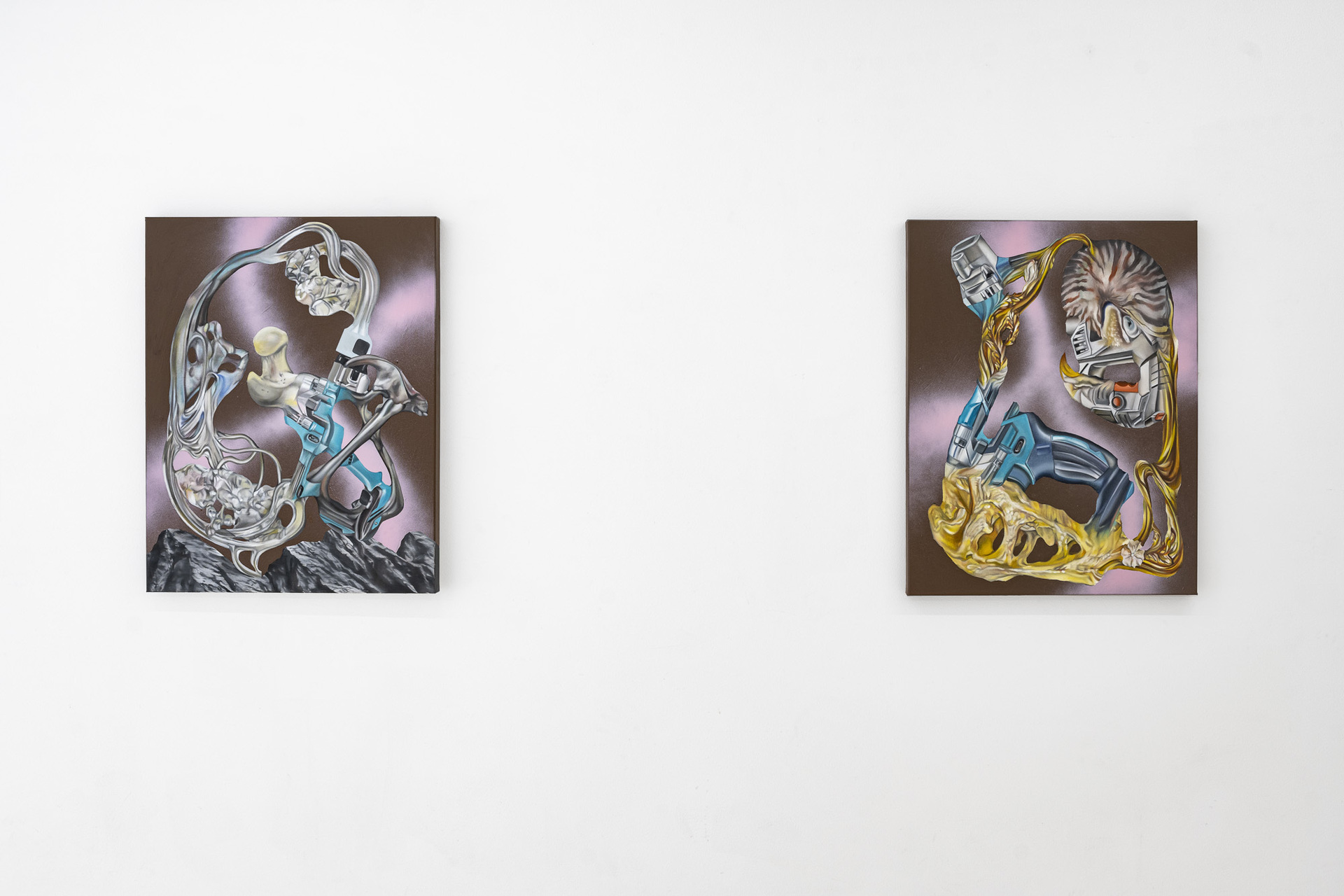 Botond Keresztesi,“Overthinking reality 1” (left) & “Overthinking reality 2” (right), 2022, acrylic and oil on canvas,, 90x70cm
