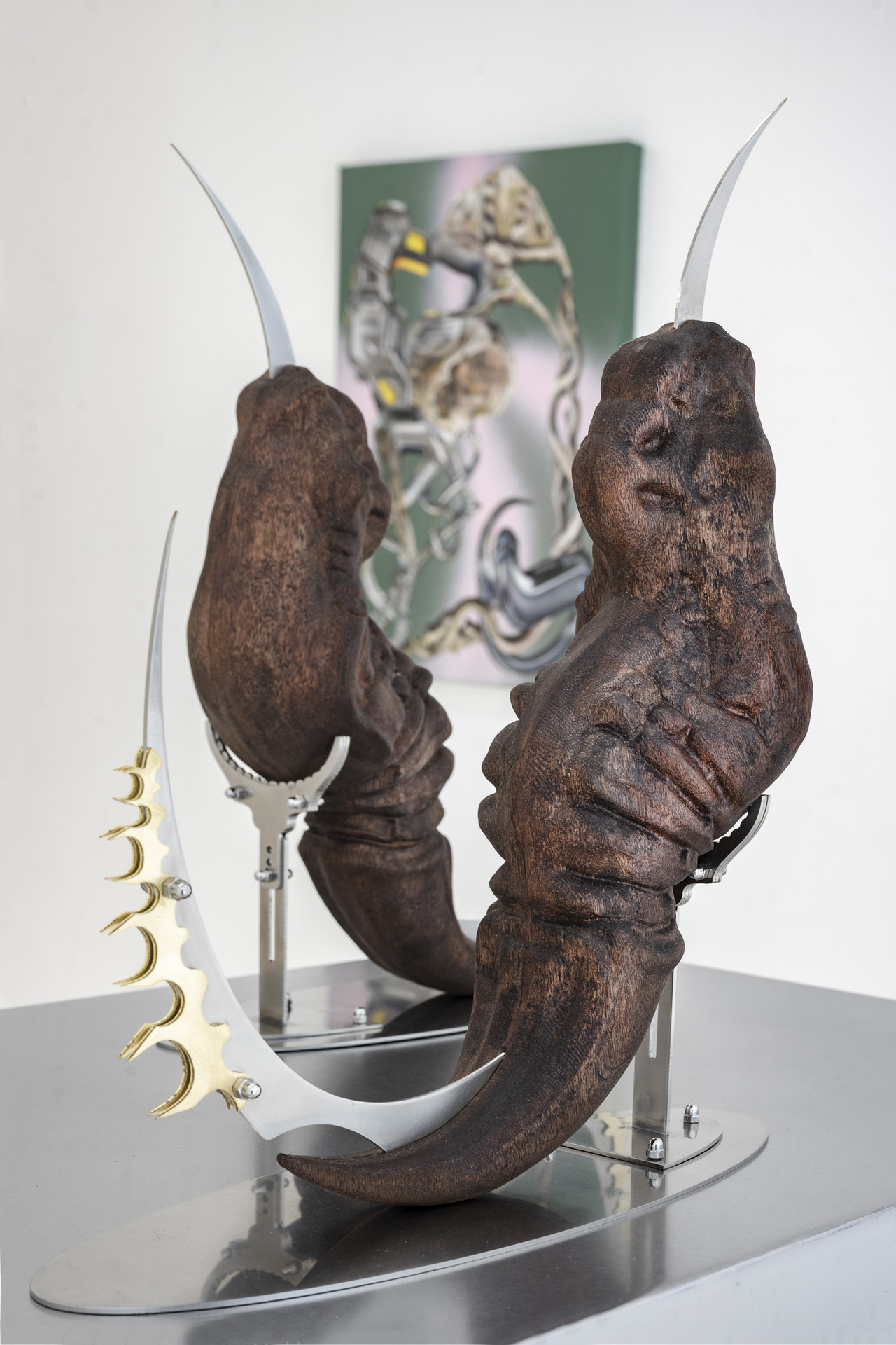 Inside Job, “Claws (continuity) I-II”, 2022, mahogany wood, stainless steel, brass, , 56 x 56 x 142 cm