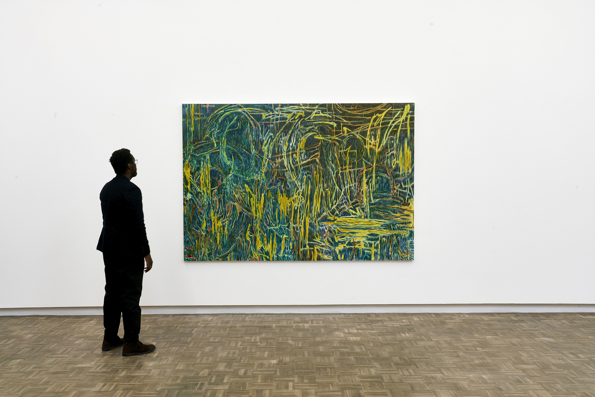 Achraf Touloub, Encounters, 2022 | Oil on canvas, 250 x 170 x 3,5cm (scale view)