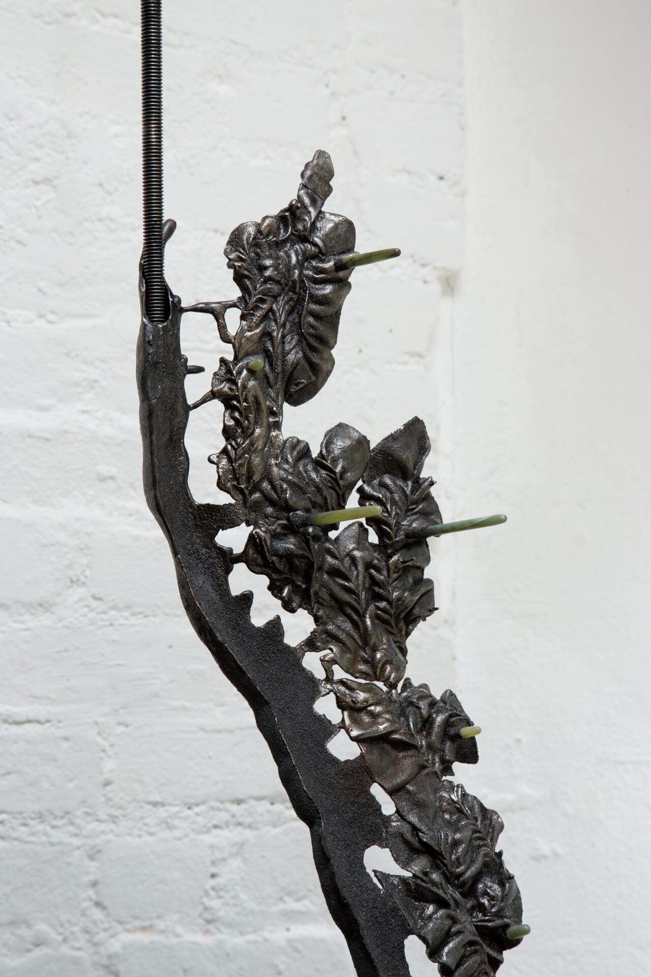 Alice Gong Xiaowen, "…where the echo is able to give, in its own language, the reverberation of the work in the alien one." (still, stilt), 2019-2022, Cast iron, soapstone, stainless steel, 38 x 18 x 100 Inches