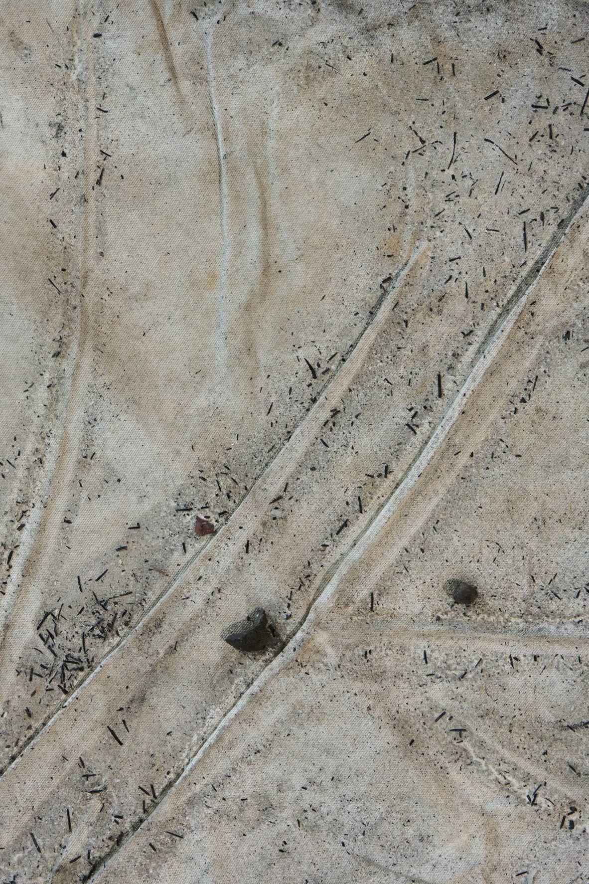 Dala Nasser: Red in Tooth, 2020 – 2021 – 2022 (detail). Discarded fabric, buried underground for 2 weeks to 3 months, ash, charcoal, rainwater. Kölnischer Kunstverein, 2022. Courtesy: the artist and Deborah Schamoni. Photo: Mareike Tocha.