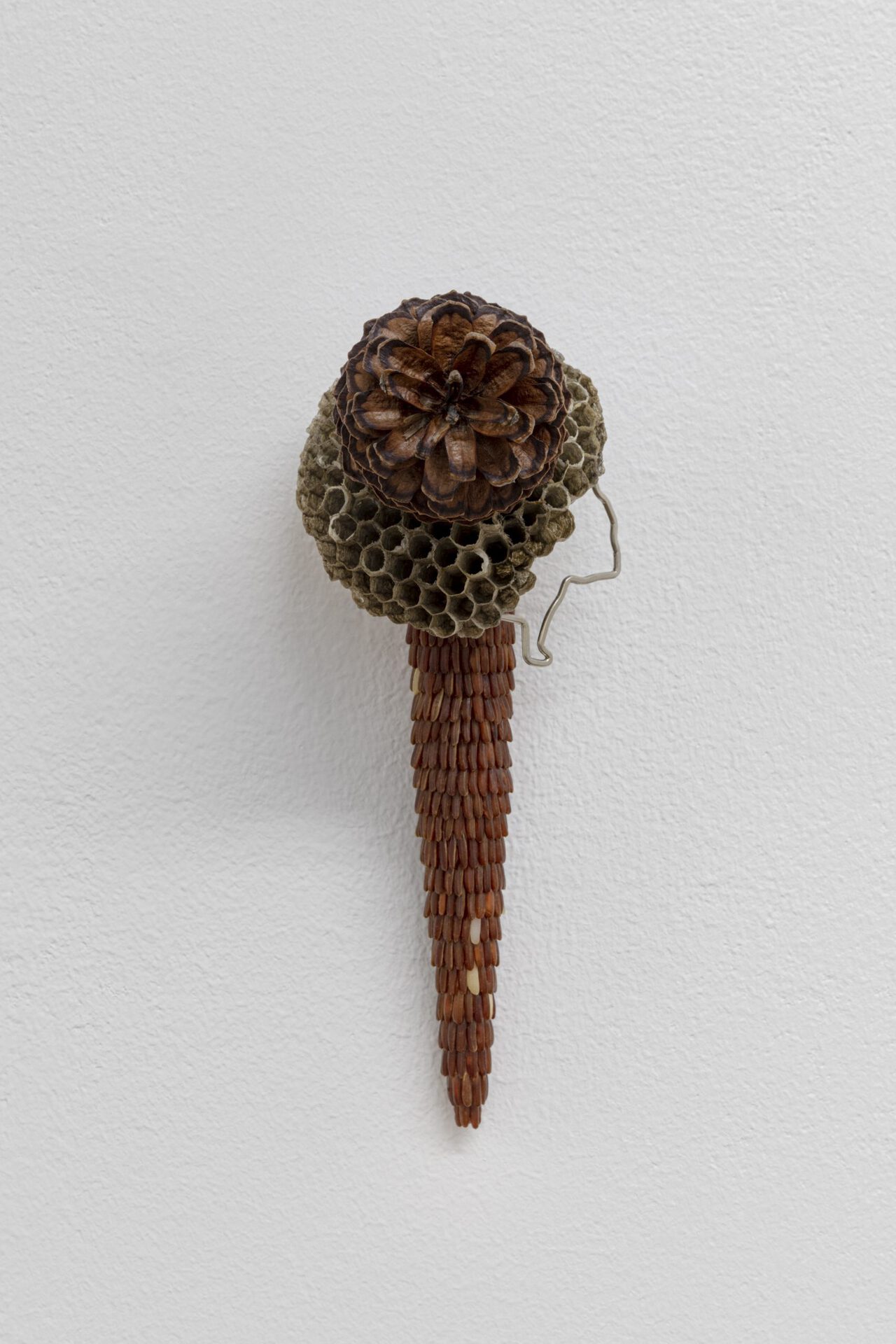 David Fesl, Untitled, 2021, pizza box stand, wasp nest, keyring wire, pine cone, sealant nozzle, red-long-rice, 15.7 × 6.4 × 8.4 cm