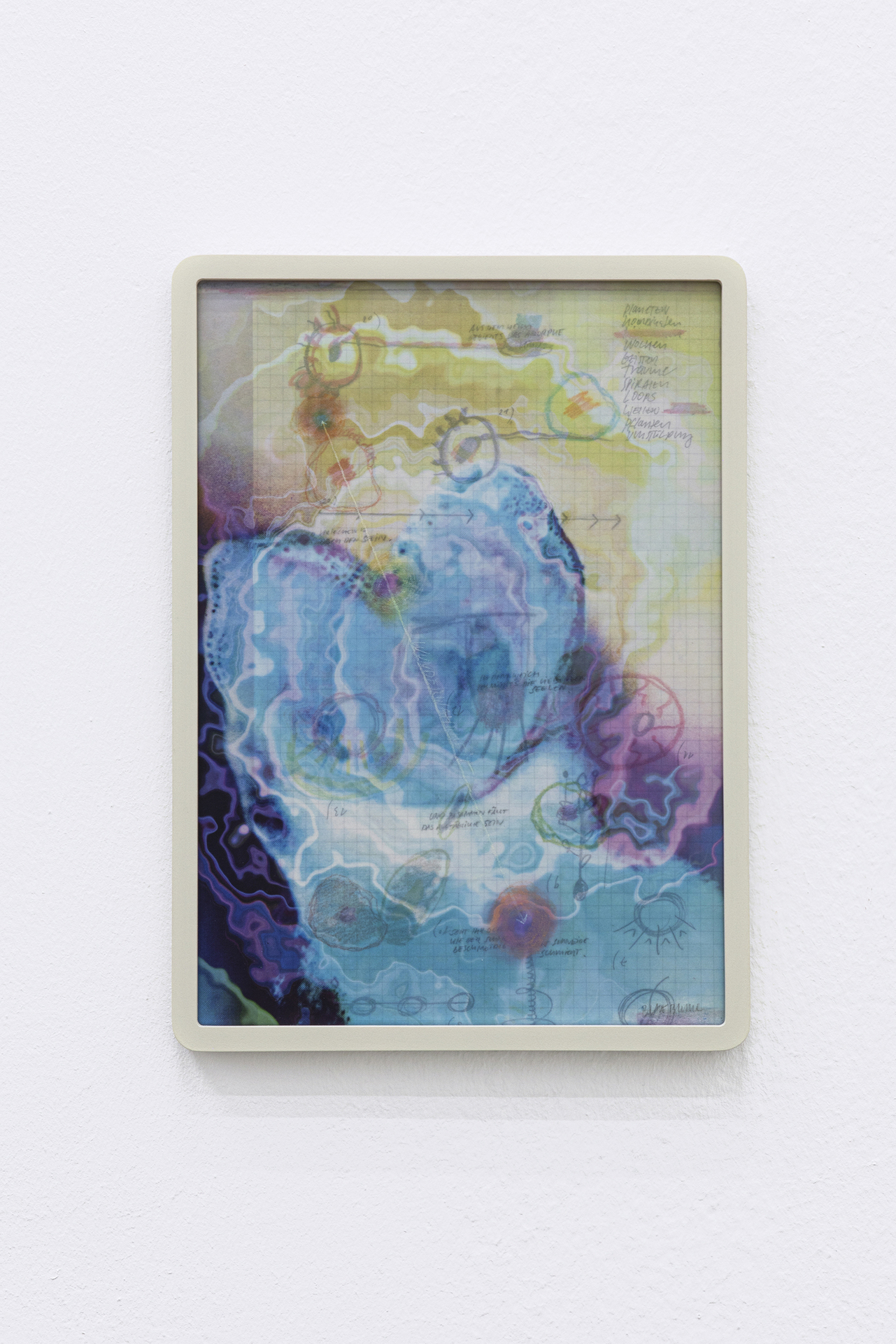 Hans-Henning Korb, Studie zum Inneren Fossil (Blaue Blume), 2022, watercolor, colored pencil, wax pastel, Giclée print on transparent paper, 31,2 x 22,5 cm.