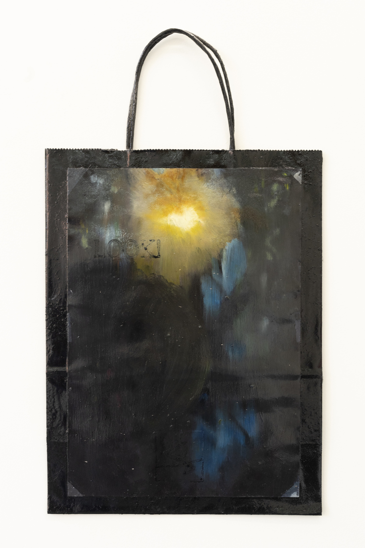 Nayan Patel, Neck craned back looking at the street lamp, 2021, indian ink, oil, acrylic, spray paint on shopping bag, 440 x 250mm