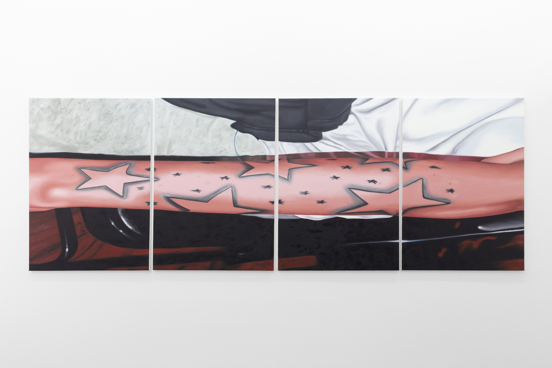 Taylor J Wagstaff, Permanent Star Success (adjusted to fit across four), 2022, oil on canvas, 1000mm x 2800mm