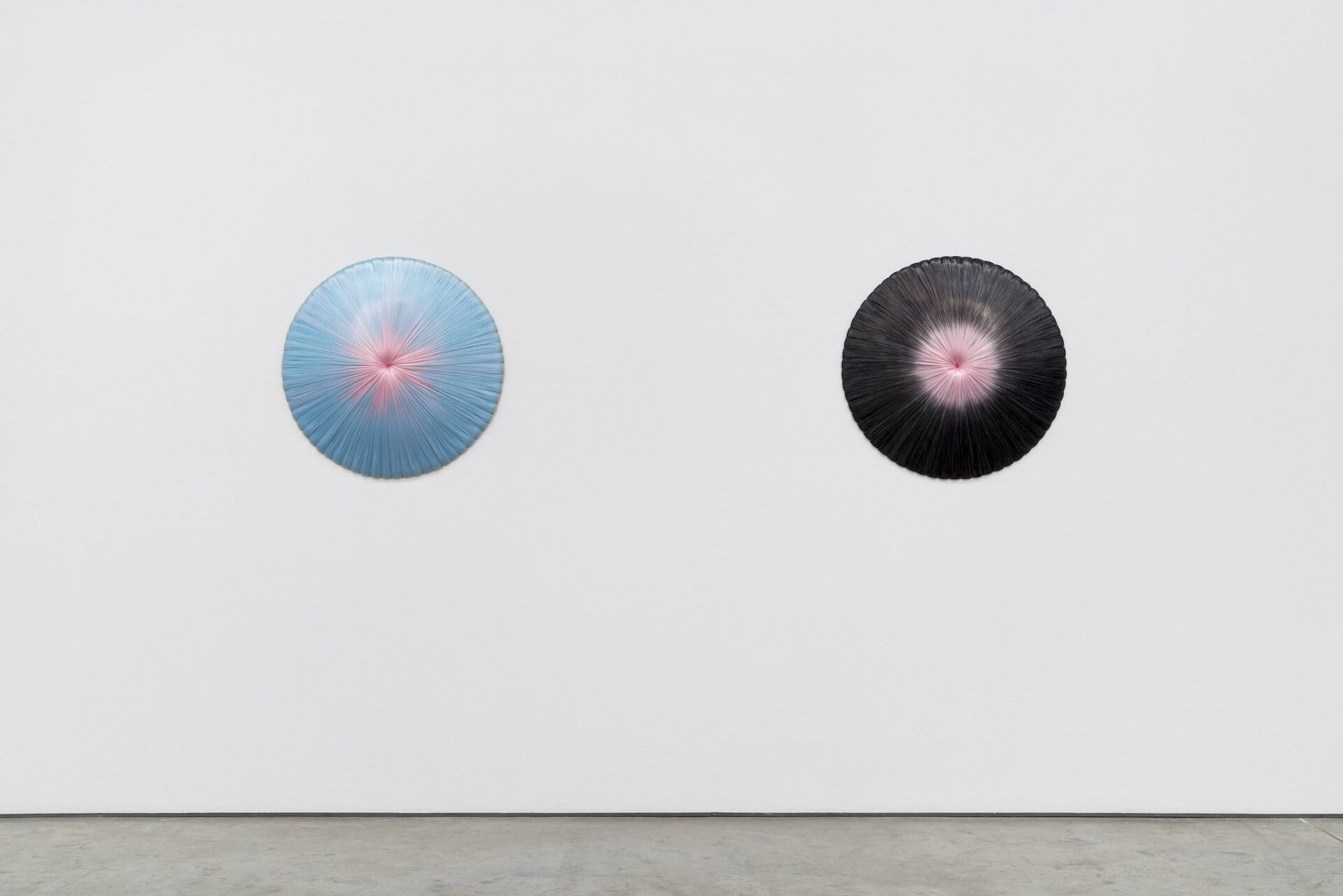 Gabriele Beveridge, Orbit (I) & Orbit (11), 2022, Synthetic hair extensions, fiberglass, satin varnish, 70 x 70 x 15 cm. (27½ x 27½ x 5⅞ in.).