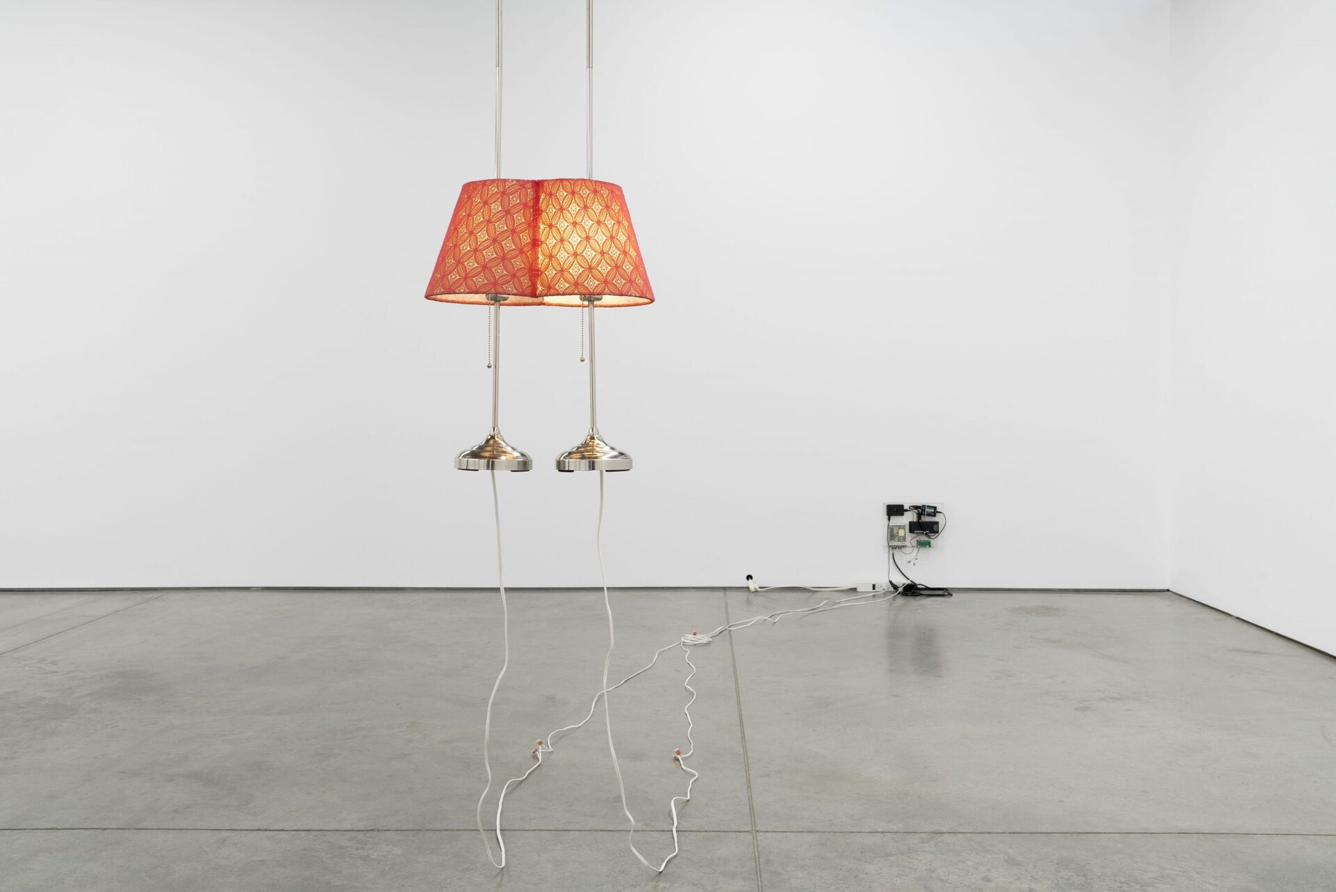 Carlos Reyes, PROMESA (Laps), 2022, Lamp shade, lightbulb, custom circuitry, 61 x 61 x 30.5 cm. (24 x 24 x 12 in.)