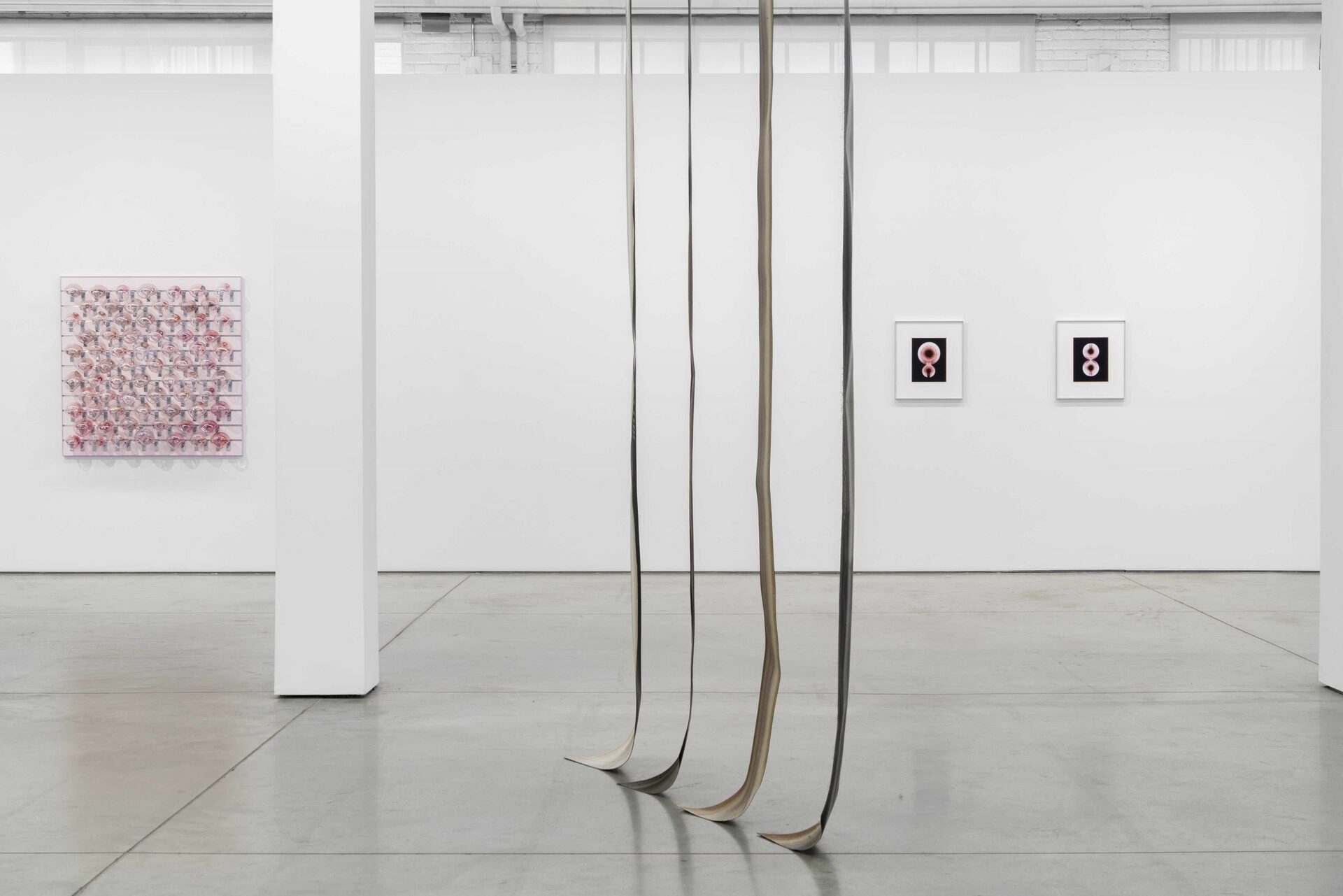 Gabriele Beveridge & Carlos Reyes, Laps, 2022. Exhibition view with Lattice (2022) and Light Pool (2022), Bradley Ertaskiran, Montreal, Canada.
