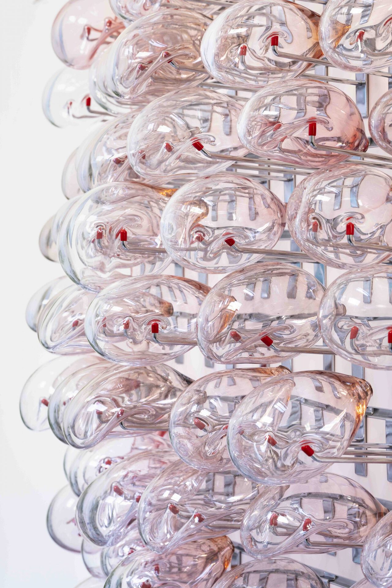 Gabriele Beveridge Lattice (detail), 2022, Hand-blown glass, slatwall hooks, powder-coated slatwall and frame, 120 x 120 x 30 cm. (47¼ x 47¼ x 11¾ in.)