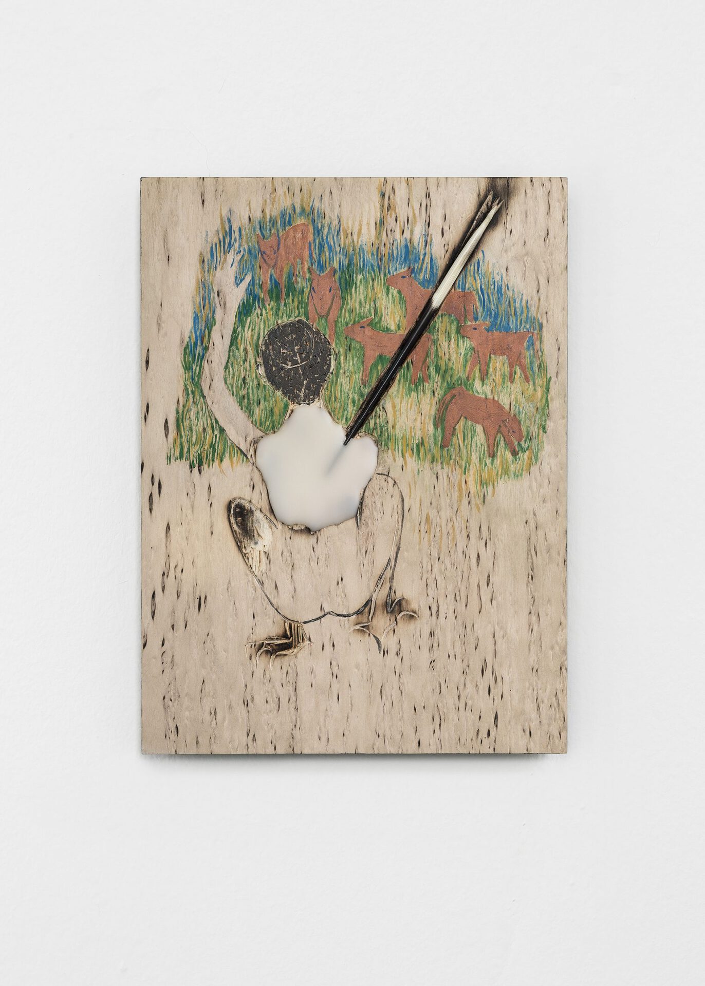 07. Gaia Fugazza, Gli Indifferenti, 2019, poplar wood, beeswax, mineral pigments, porcupine quill, 25 x 32 x 3,5 cm, Courtesy of of Galleriapiù, Bologna and ADA, Rome