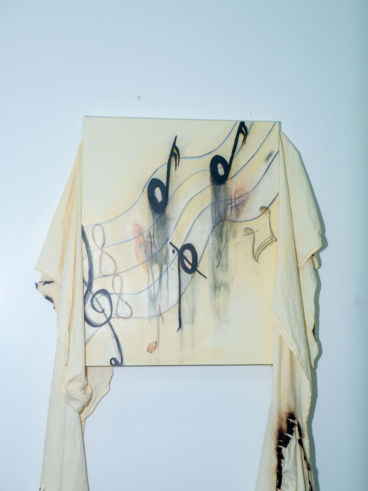 Hatice Pinarbasi - 2022 - Oil and Make up on Burned Bed Sheets - 70x100cm (1)