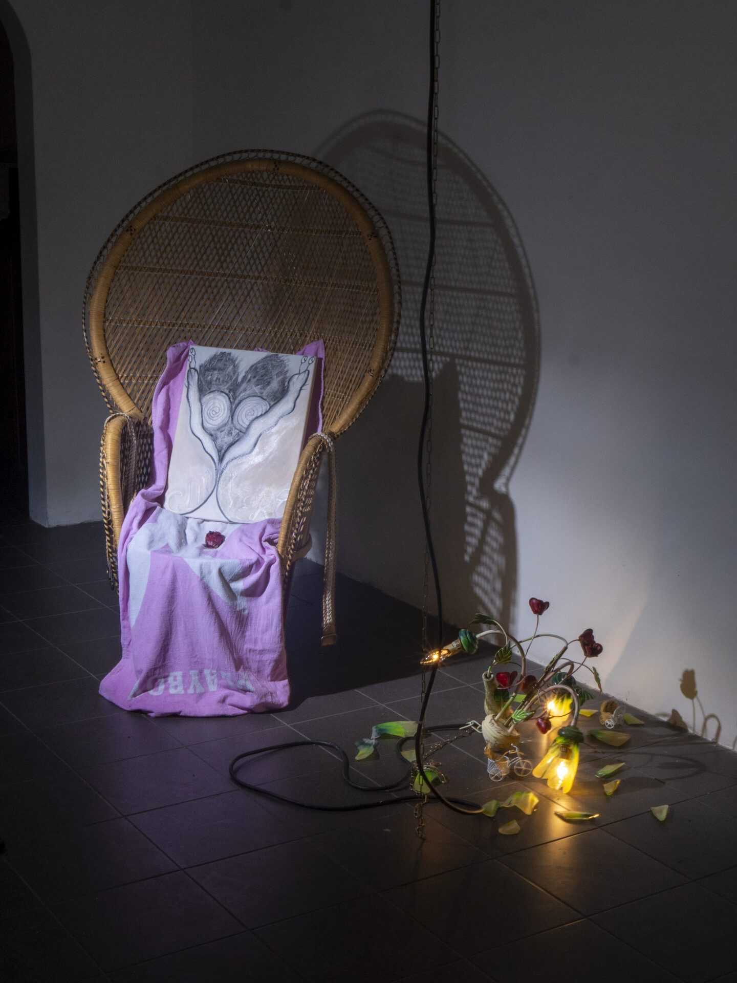 Hatice Pinarbasi - 2022 - oil and make up on canvas, Emmanuelle Chair, Playboy bath towel, waxed rose, lamp with miniature paintings, chains-