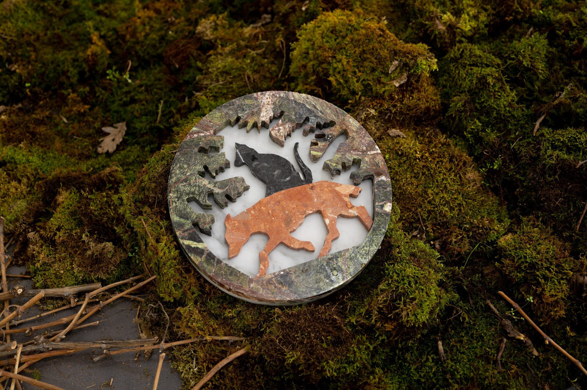 Gvantsa Jishkariani, MY GRANDPA BRINGS SMALL TURTLES AND WILD FLOWERS FROM THE MOUNTAINS, 2022 Forest Green, Carrara, Roso and Negro Marble mosaic 30CM Diameter, 4 CM Depth