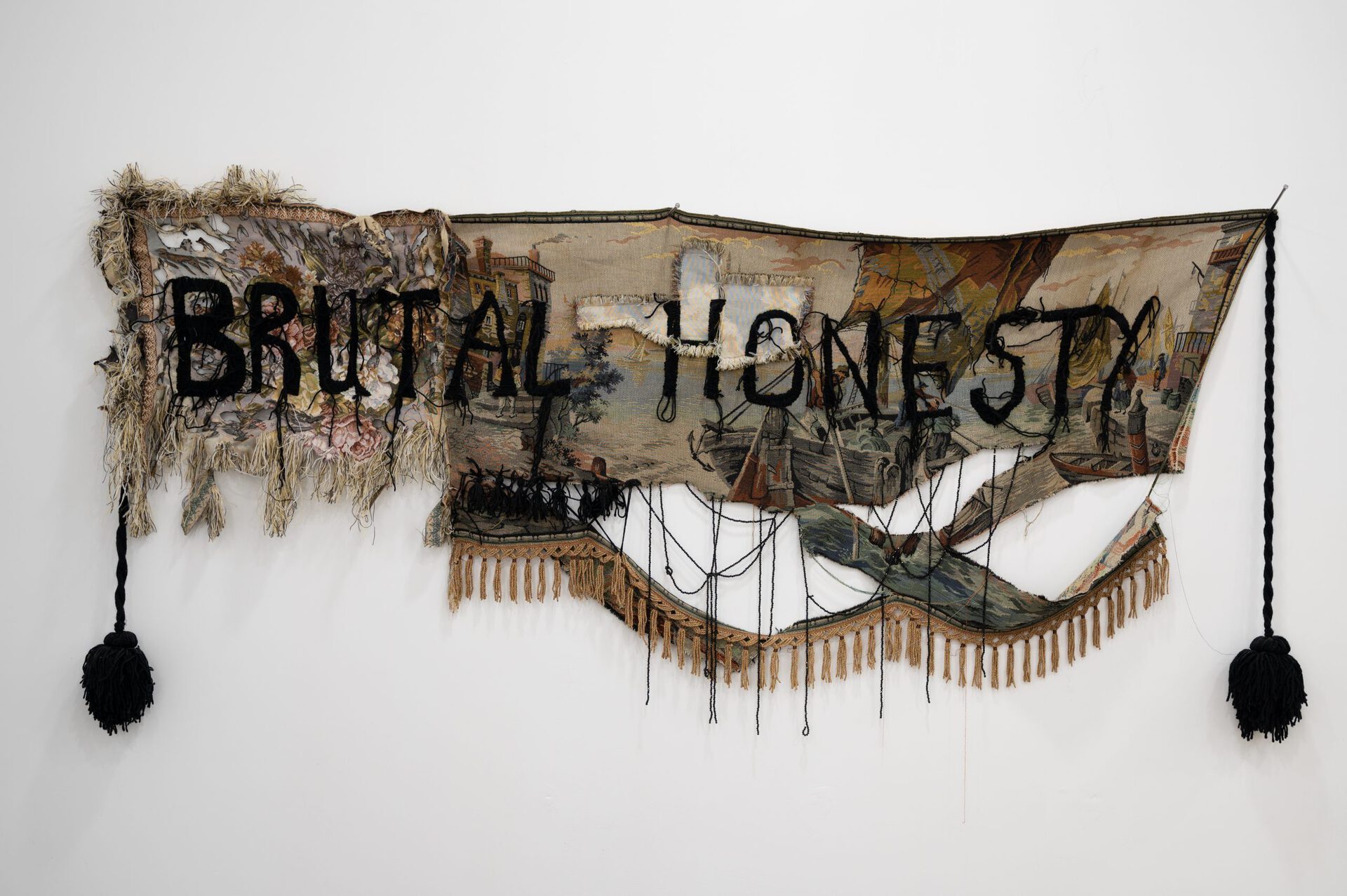 Gvantsa Jishkariani, Brutal Honesty, 2022, Embroidery on Soviet period re-worked, torn, burnt tapestries, Glass beads 60x260cm