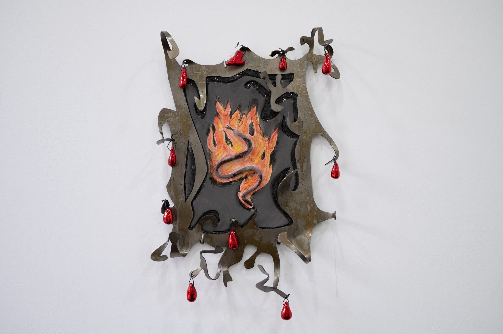 Gvantsa Jishkariani, UNGRATEFUL CUNTS BURNING IN THE FIRE I SET UP, 2022 Metal plate, glazed ceramics, chrome ceramic beads on metal hangers 35 x 53 x 11,5 cm