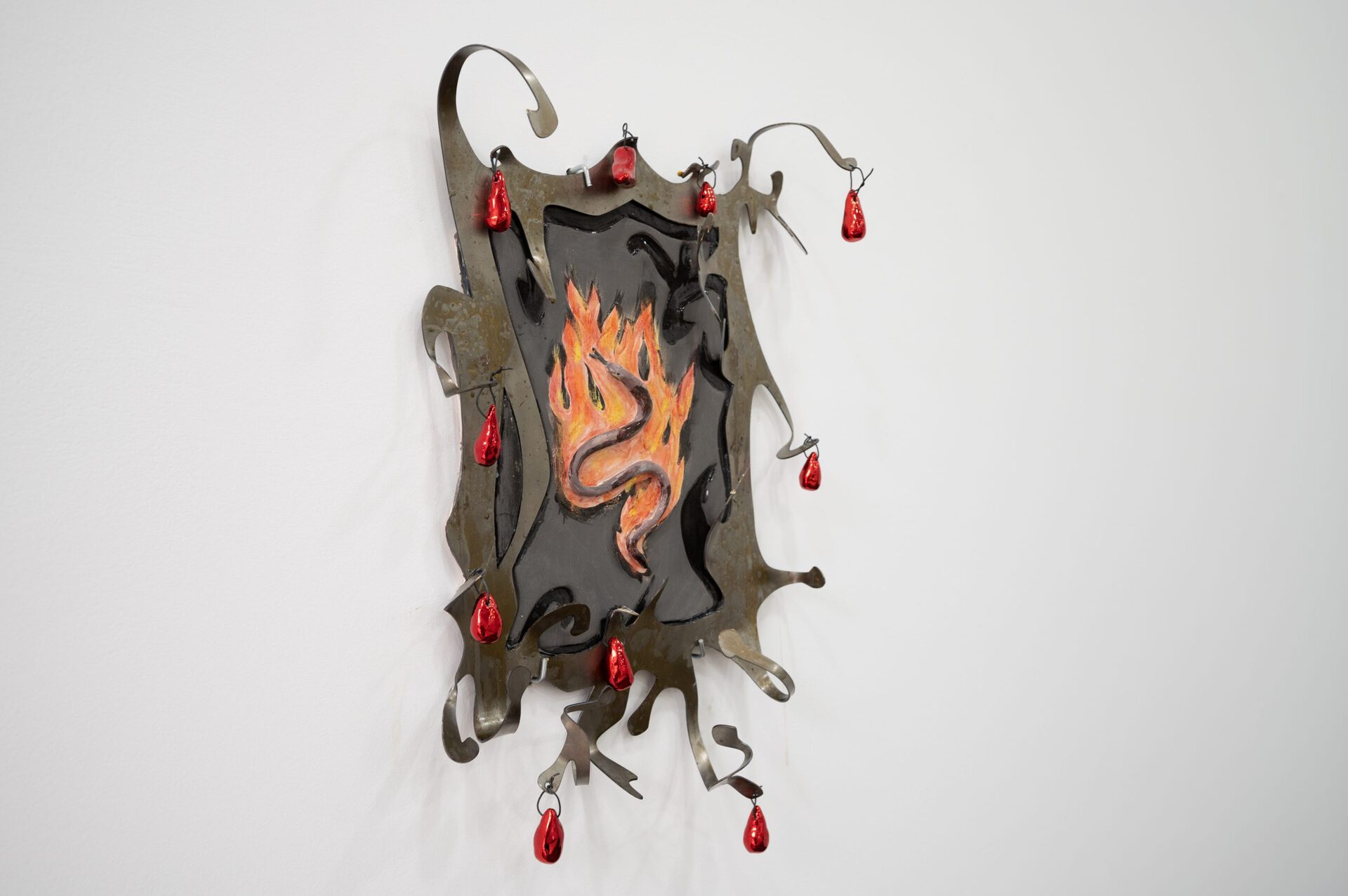 Gvantsa Jishkariani, UNGRATEFUL CUNTS BURNING IN THE FIRE I SET UP, 2022 Metal plate, glazed ceramics, chrome ceramic beads on metal hangers 35 x 53 x 11,5 cm, details