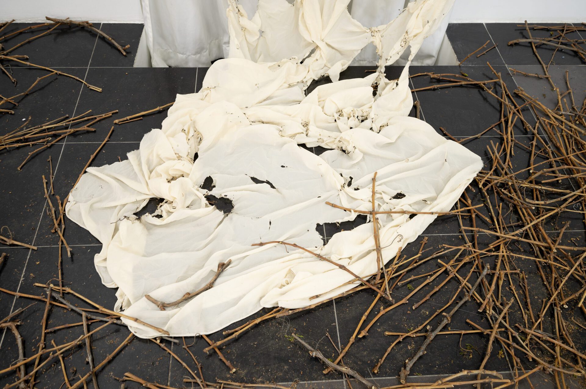 Gvantsa Jishkariani, I Dream of Fire, 2022, Burnt curtain, moss, dried vine branches