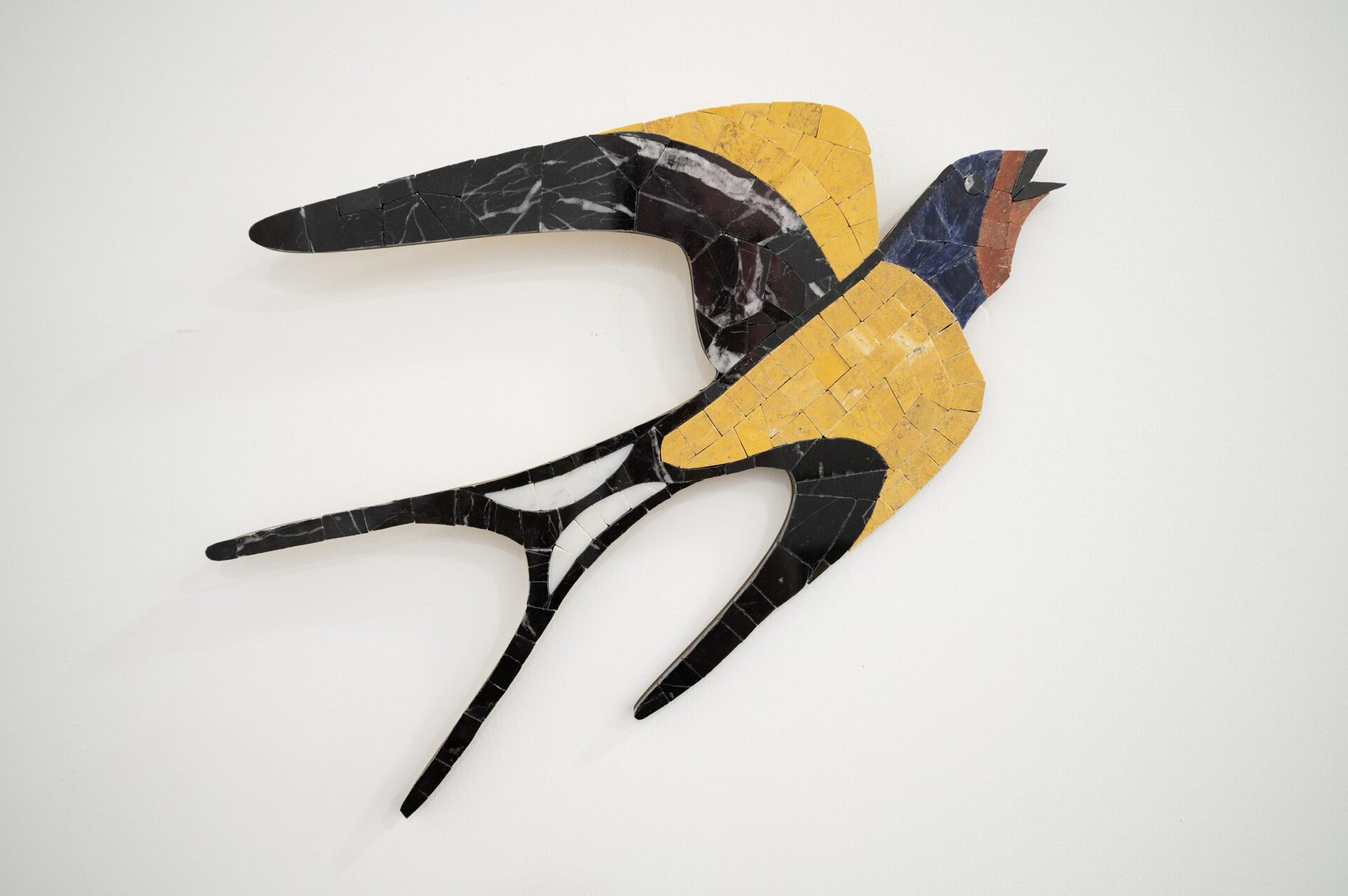 Gvantsa Jishkariani, FIRST TO COME, LAST TO LEAVE , 2022 Lazurite, yellow Travertine, Marble Carrara and Negro Mosaic on wood, 28x48cm