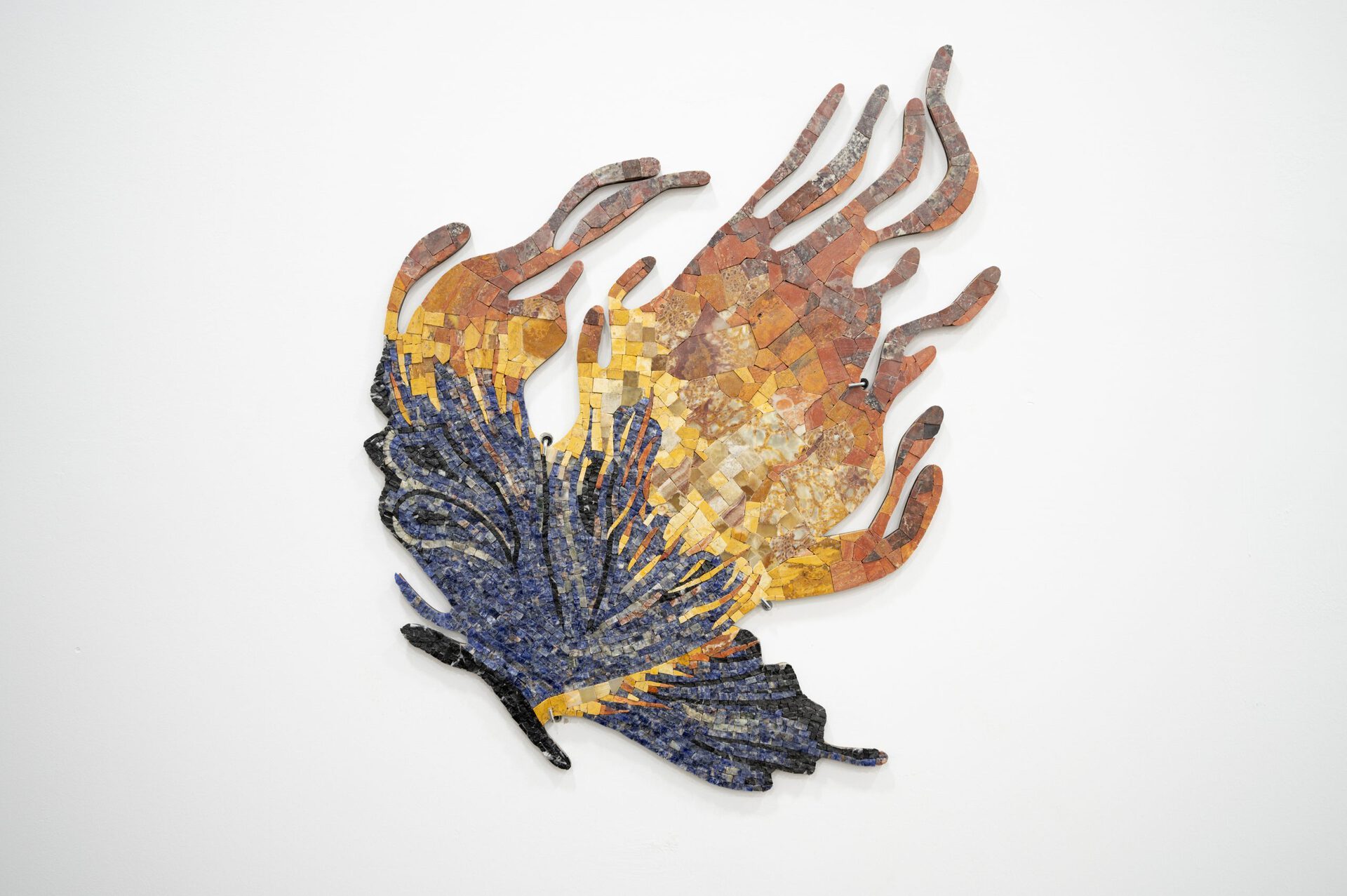 Gvantsa Jishkariani, THEY BROUGHT BLUE BUTTERFLIES AND RELEASED THEM IN THE FIRE TO DANCE, 2022 Rose, Negro and Emperador Marble, red and Yellow Travertine, Onyx, lazurite mosaic on wood 65 x 75 x 1 cm