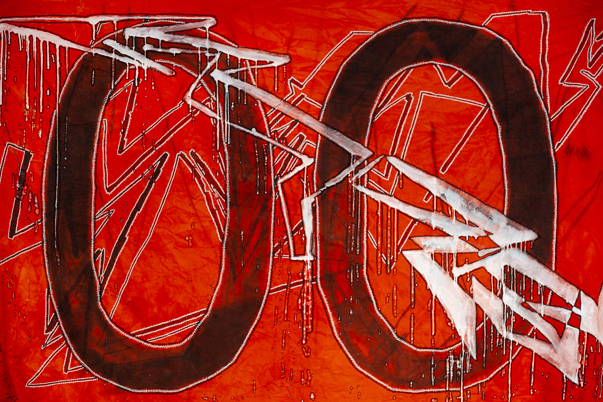 Nicolás Astorga & Christian Kölbl, 00 (detail 1), 2021-2022, Embroidery, spray painting and gesso on hand dyed cotton, 300 x 200 cm
