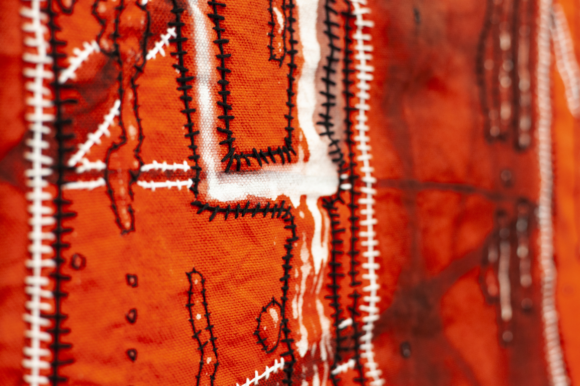 Nicolás Astorga & Christian Kölbl, 00 (detail 2), 2021-2022, Embroidery, spray painting and gesso on hand dyed cotton, 300 x 200 cm