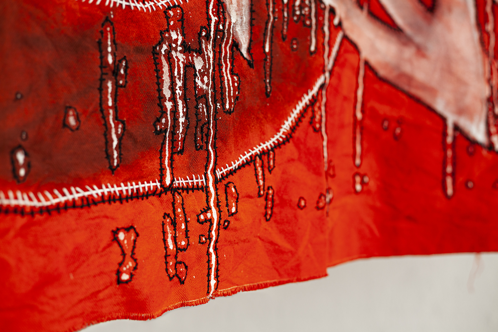 Nicolás Astorga & Christian Kölbl, 00 (detail 3), 2021-2022, Embroidery, spray painting and gesso on hand dyed cotton, 300 x 200 cm
