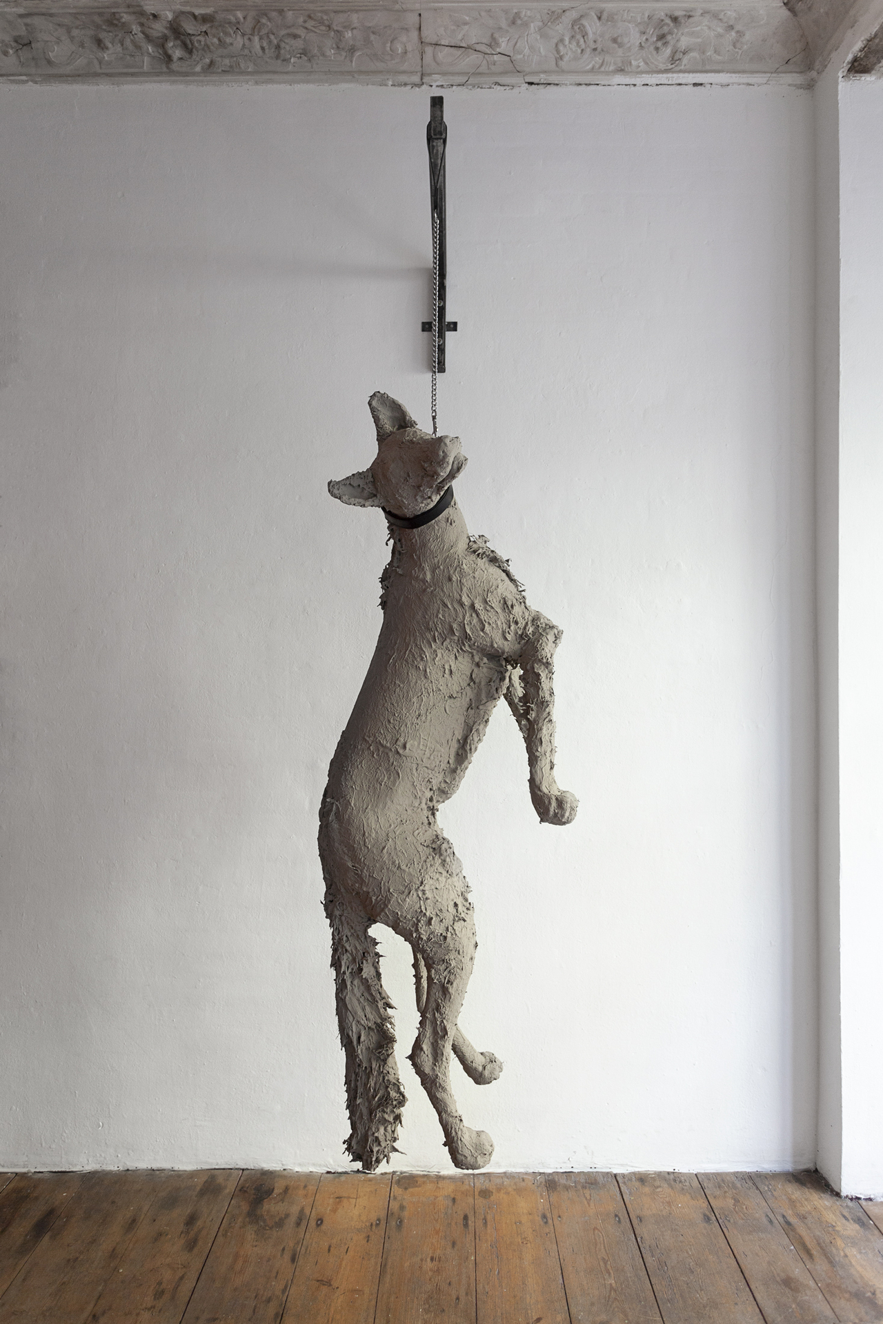 Nicolás Astorga, Hijo de perra (You'll never be good enough), 2022, Upcycled taxidermy, concrete glaze, leather, steel, 234 x 70 x 101 cm