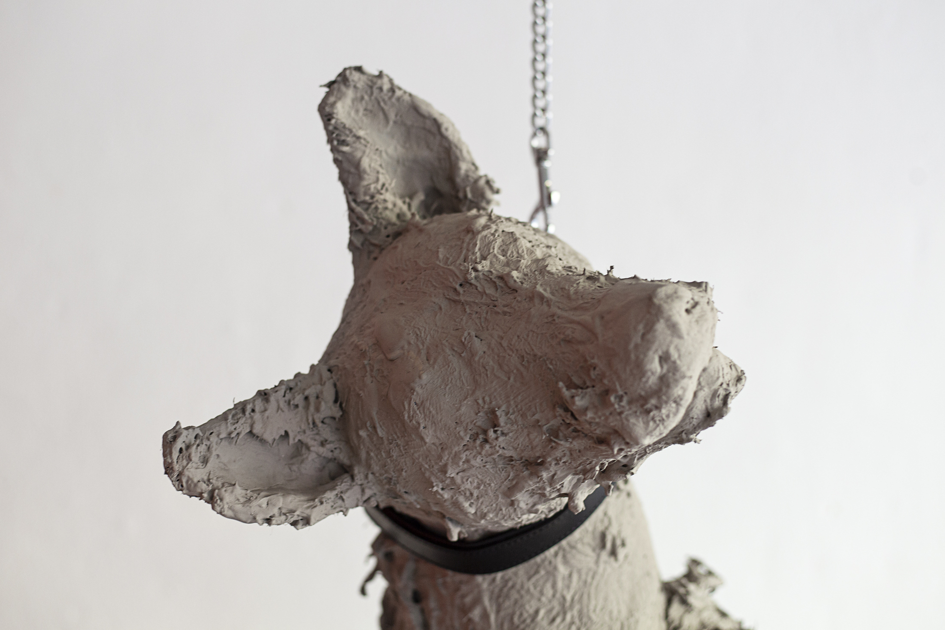 Nicolás Astorga, Hijo de perra (You'll never be good enough) (detail), 2022, Upcycled taxidermy, concrete glaze, leather, steel, 234 x 70 x 101 cm