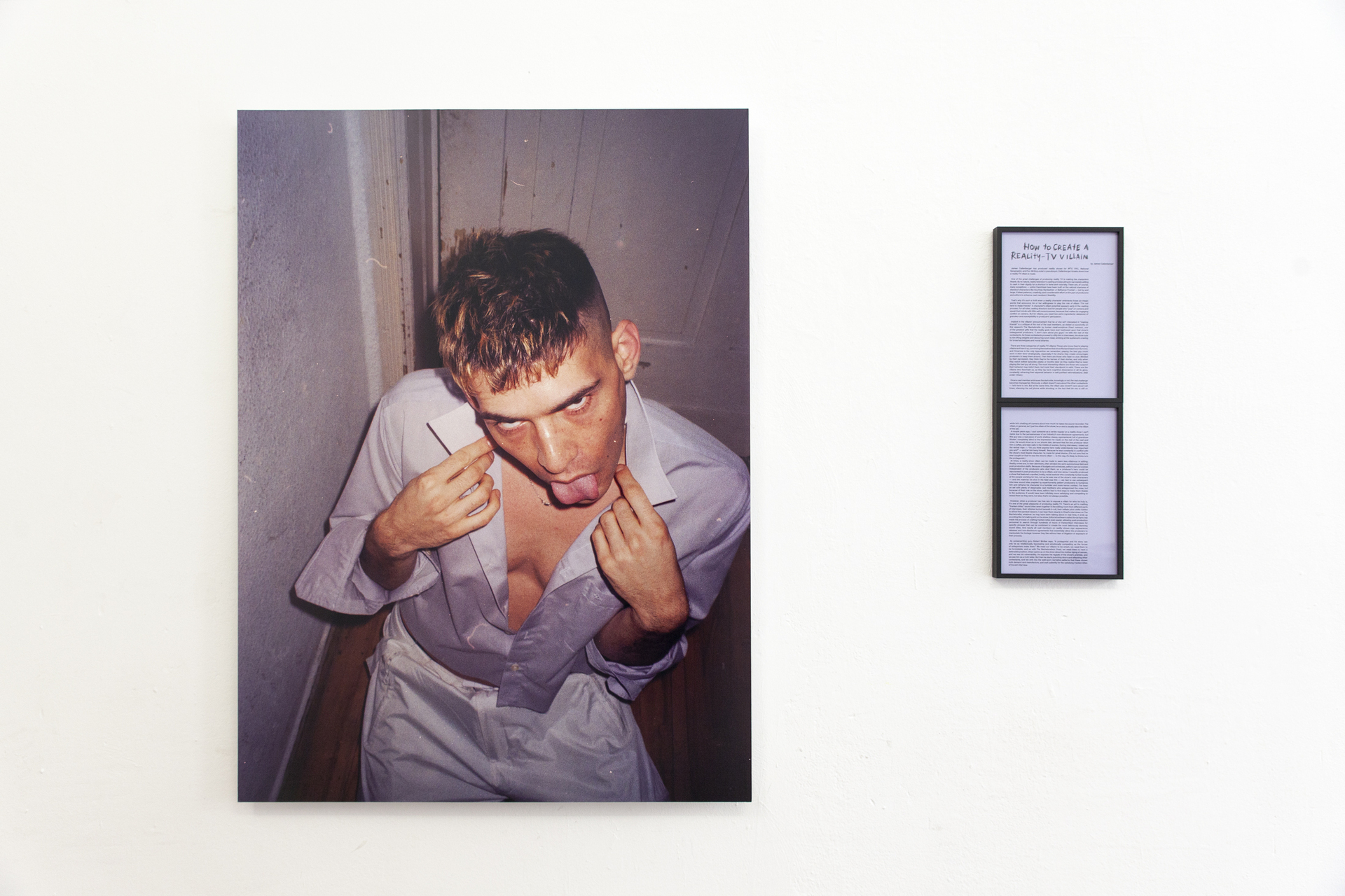Nicolás Astorga, Boyfotze + How to Create a Reality-TV Villain, 2020-2022, Analogue photography (120 x 90 cm), Photocopy (61 x 22 cm)