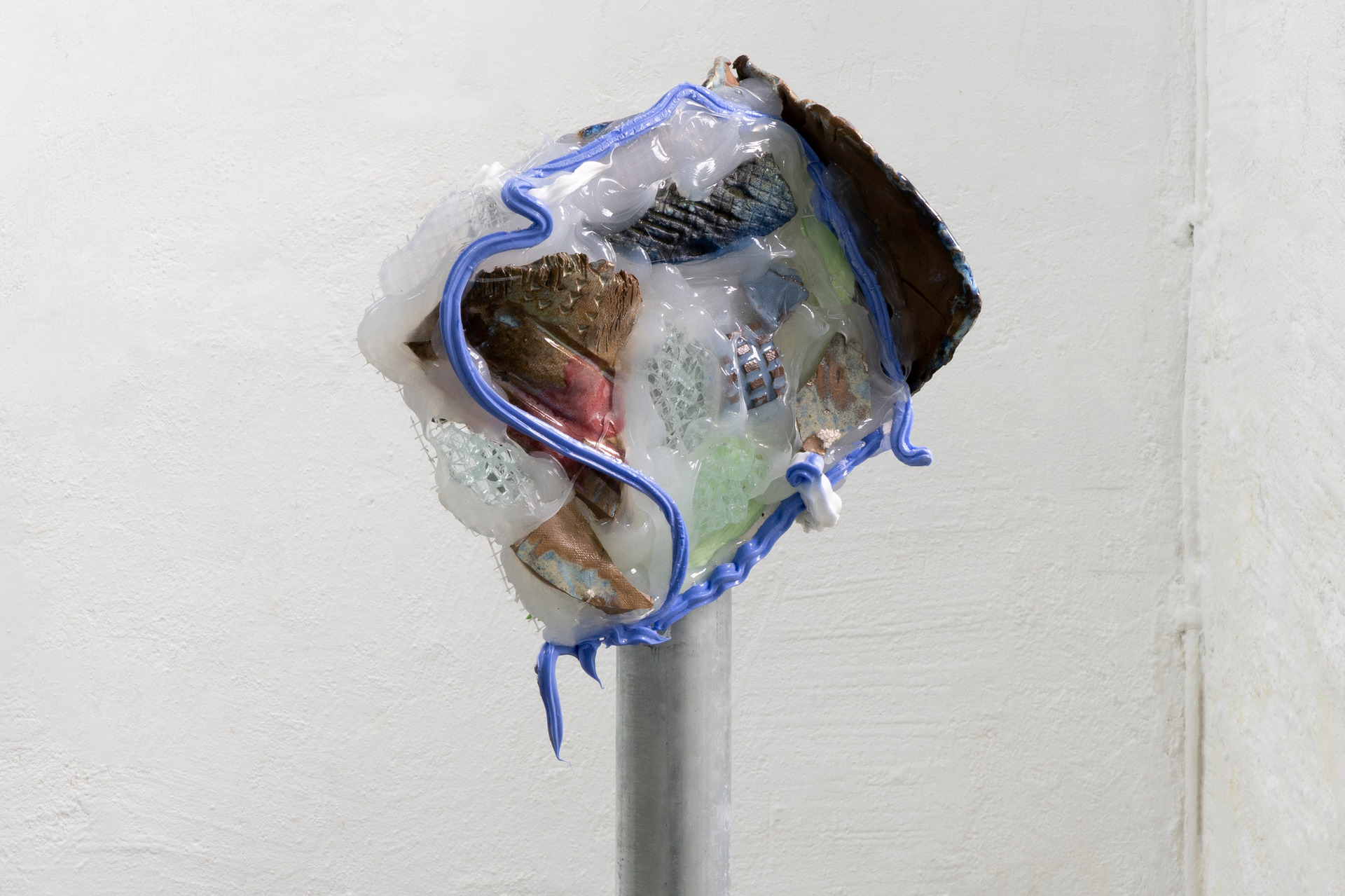 Shelled Out, 2019-2021, fiberglass mesh, glazed ceramic, sand, silicone