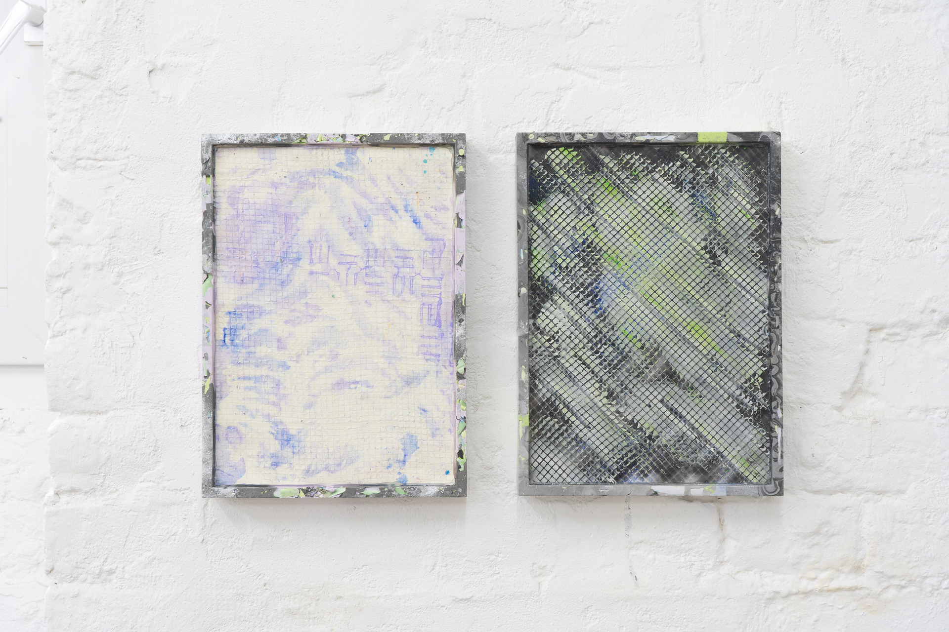 Left: Studio Floor, Former Toilet, 2020-2022, acrylic paint on paper, jesmonite frame, metal powder, pigment Right: Mesh Series, 2022, acrylic airbrush paint on paper, silicone