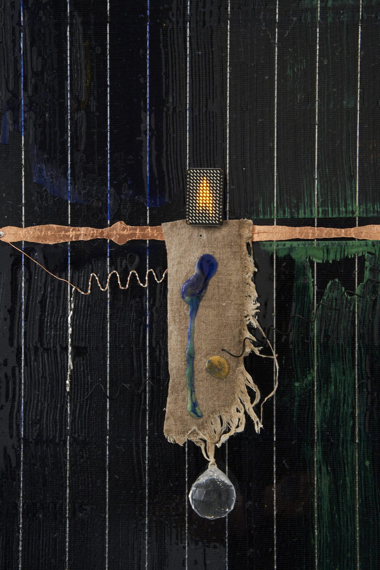 Haroon Mirza Entangled and Separated (Solar Powered LED Circuit Compo- sition 44), 2021 Electrical wire, copper tape, magnetic wire, LED matrix, poly- urethane resin, metal pigments, acetate, oil on canvas and QT Py on photovoltaic panel, 164 x 100 x 8cm Courtesy of Lisson Gallery Copyright the artist Photo: Milena Wojhan