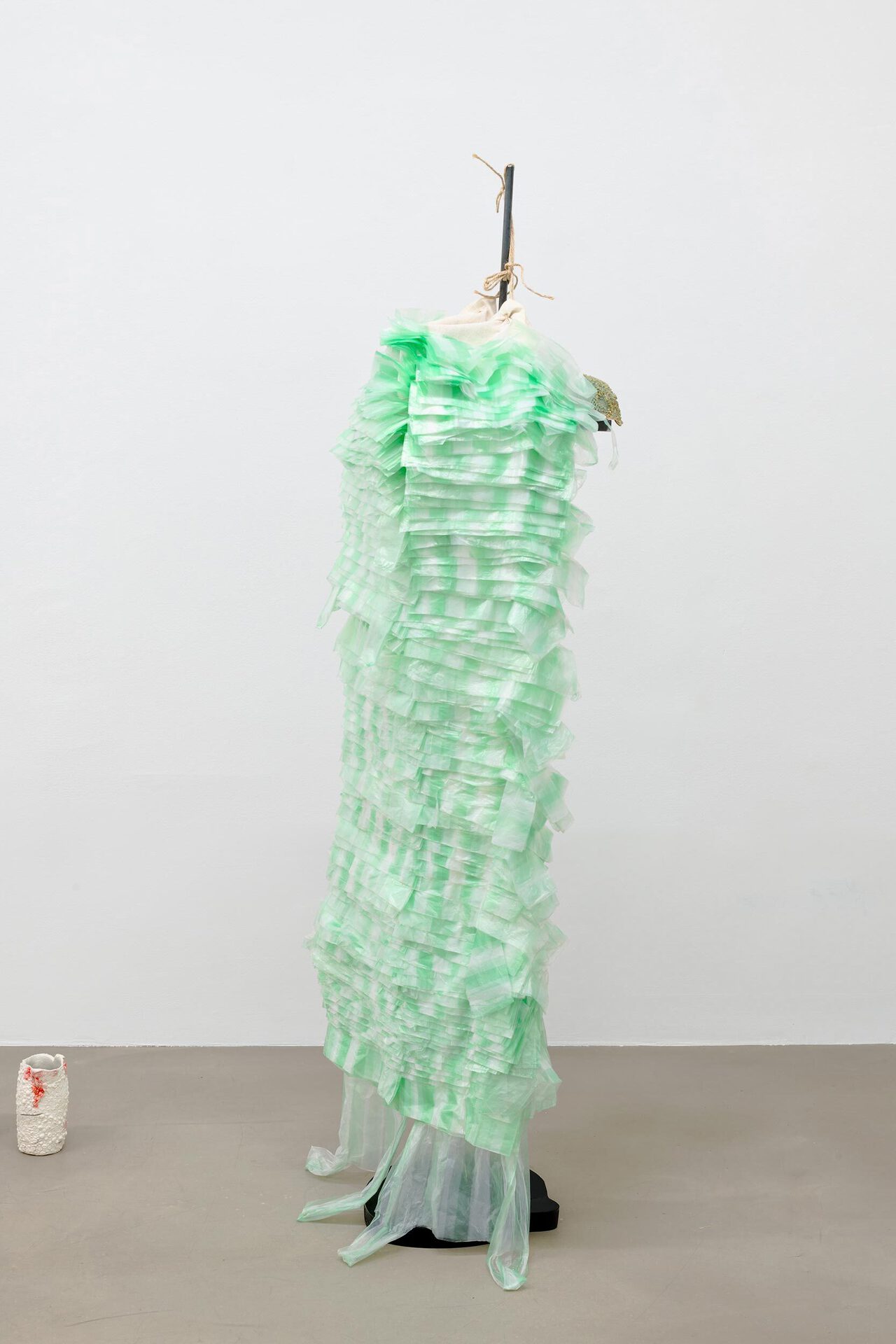 Johanna Magdalena Guggenberger, Frl. C, 2022, fabric, glazed ceramic, plastic bags on linen, threads, painted wood, metal, 161 × 50 × 40 cm. Courtesy Wonnerth Dejaco, Belmacz and the artist. Photo: Peter Mochi