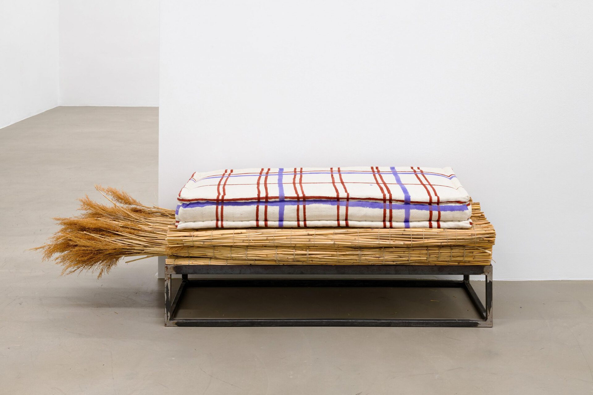 Johanna Magdalena Guggenberger, mein gott sobald ich vorbeikomm grüße ich schon oder: wenn die gestalten, 2022, weeds, painted linen cloth, coconut mat, hemp mat, metal, 44 × 150 × 51 cm. Courtesy Wonnerth Dejaco, Belmacz and the artist. Photo: Peter Mochi
