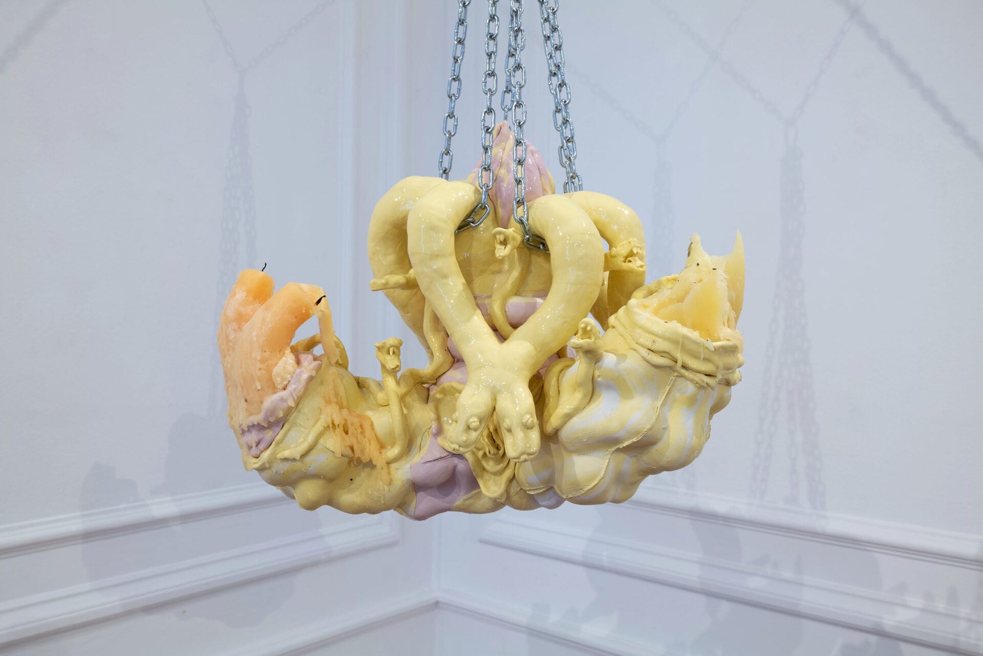 Julia Belova "Chandelier with Yellow Snakes" 2022 porcelain, chain, glaze, wax 50x50x45 cm
