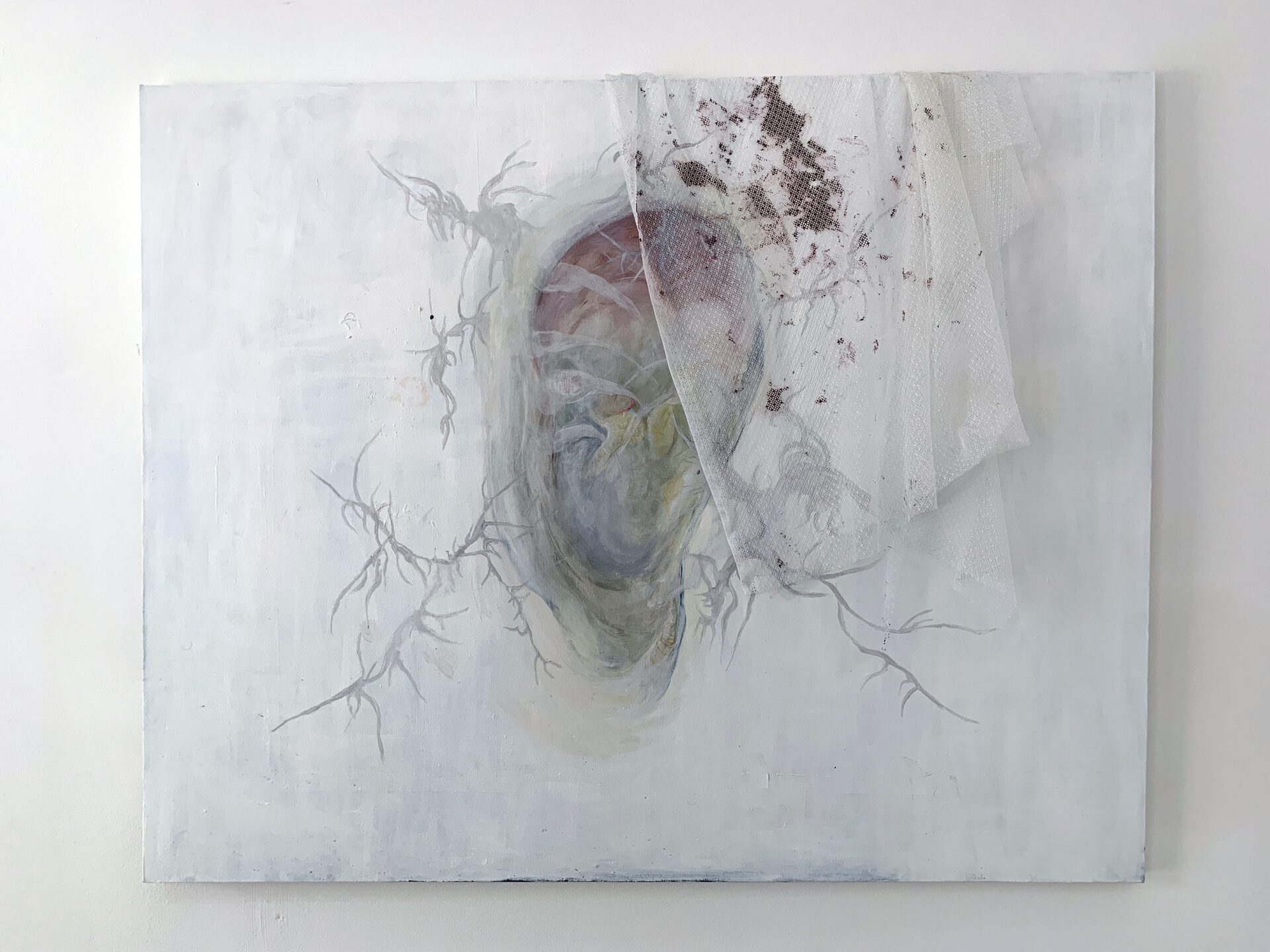 Lola, Untitled, 2022, 120x70cm, mixed media on canvas, mesh fabric on top