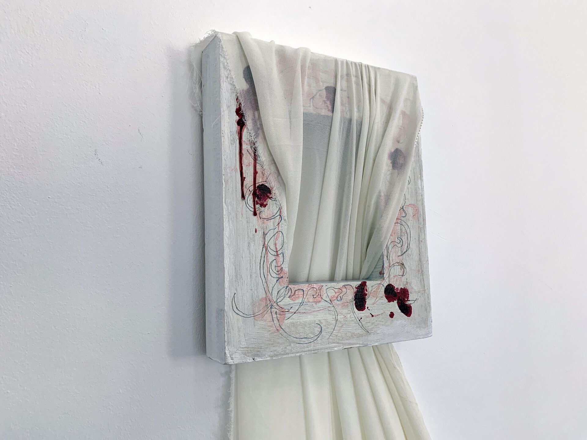 Lola, Untitled, 2022, wooden frame, blood, fabric