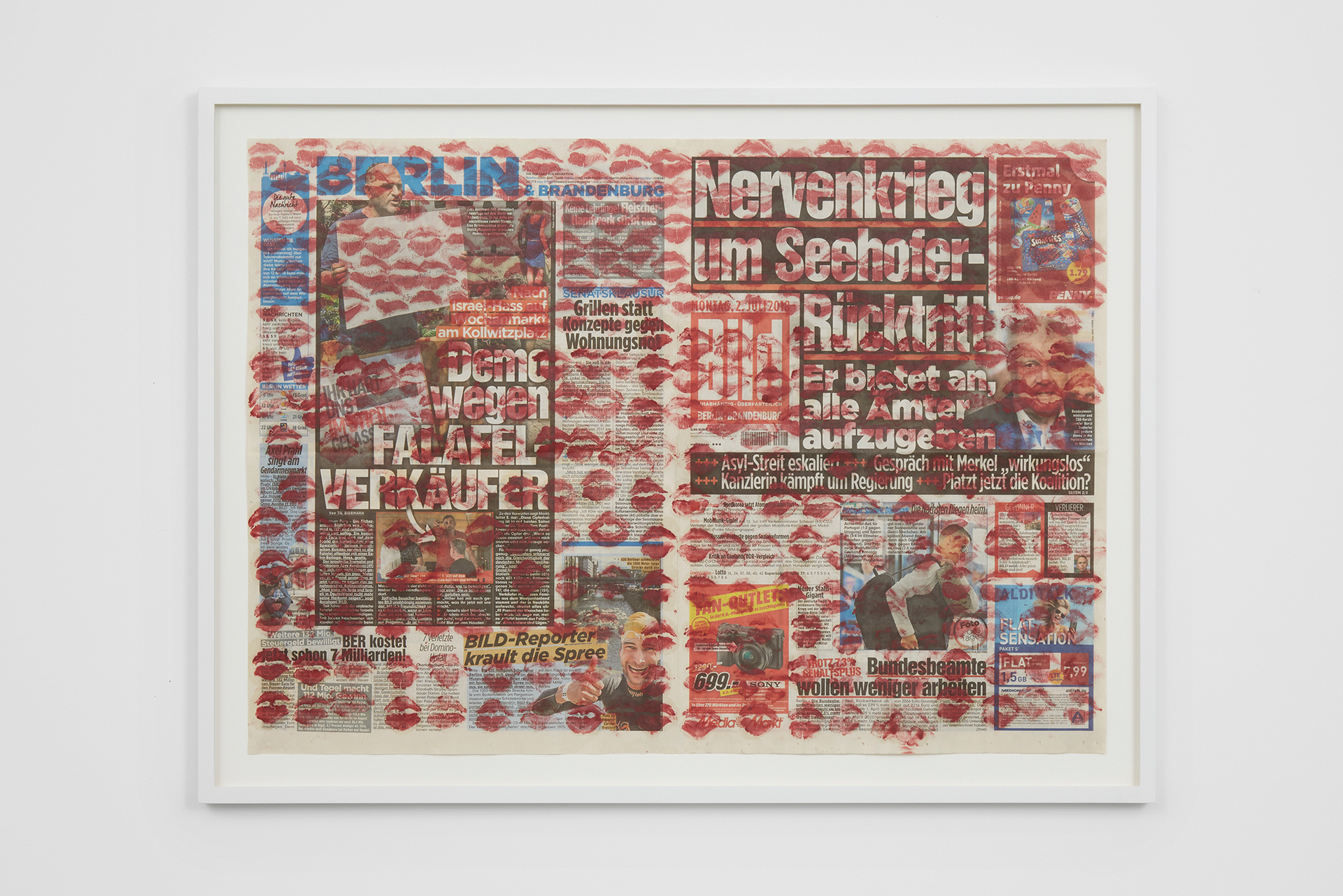 Alice Creischer, Kussbild, 2018 Lipstick on newspaper, 57 x 79.5 cm